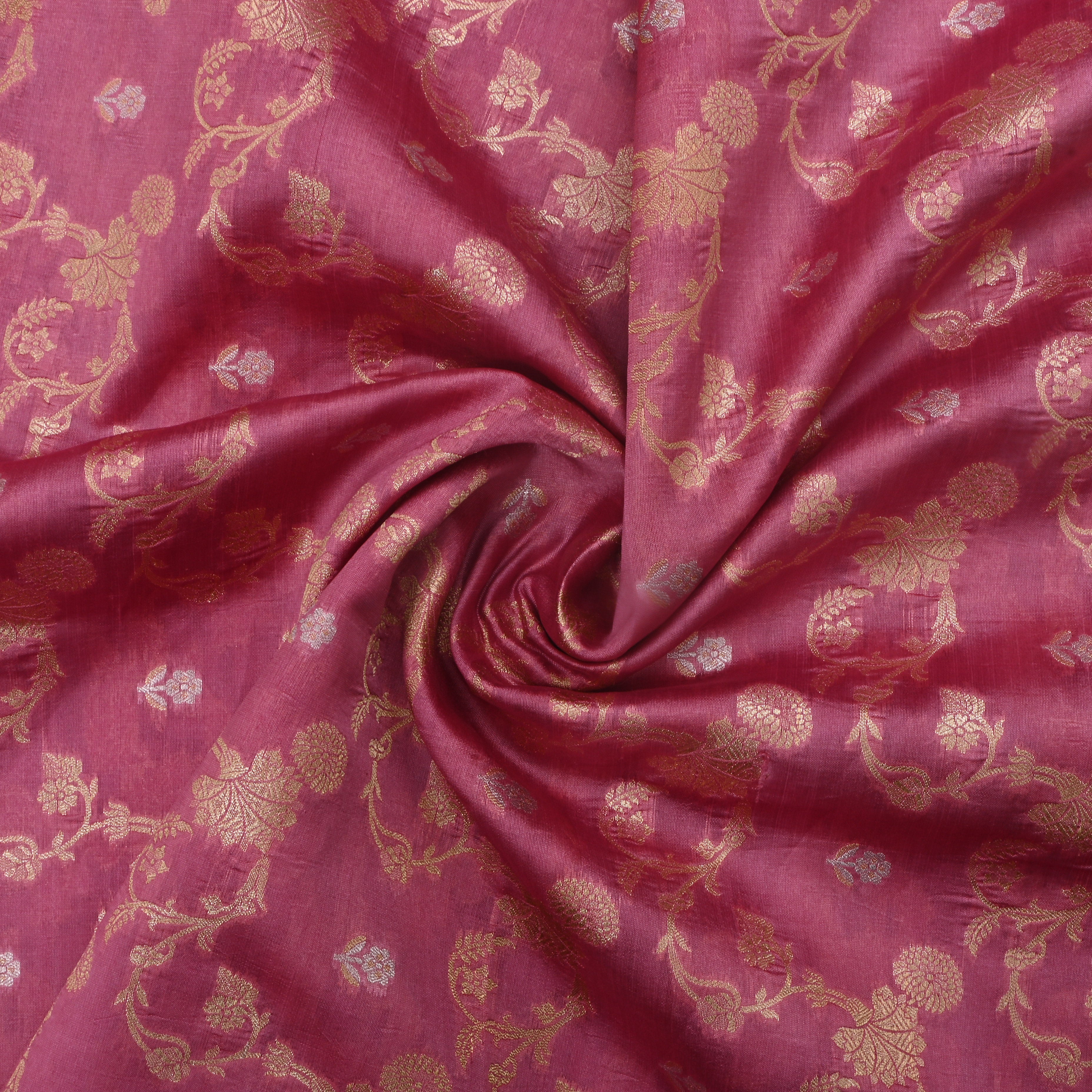 Raspberry Pink Jamawar Silk Fabric With Floral Jaal