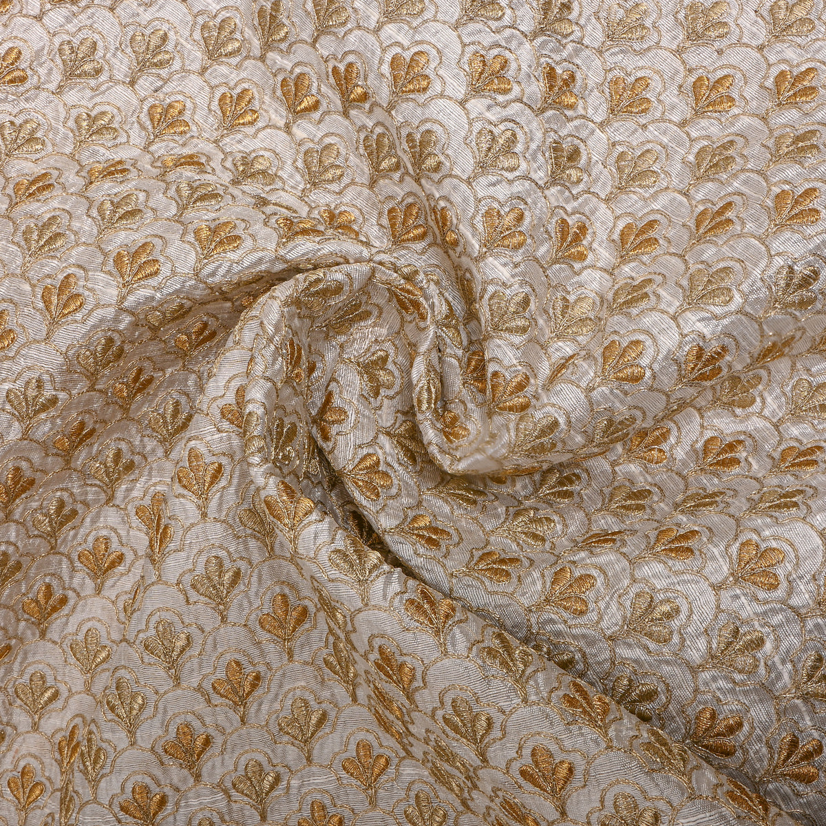 White Gold Zari Geometric Raw Silk Fabric