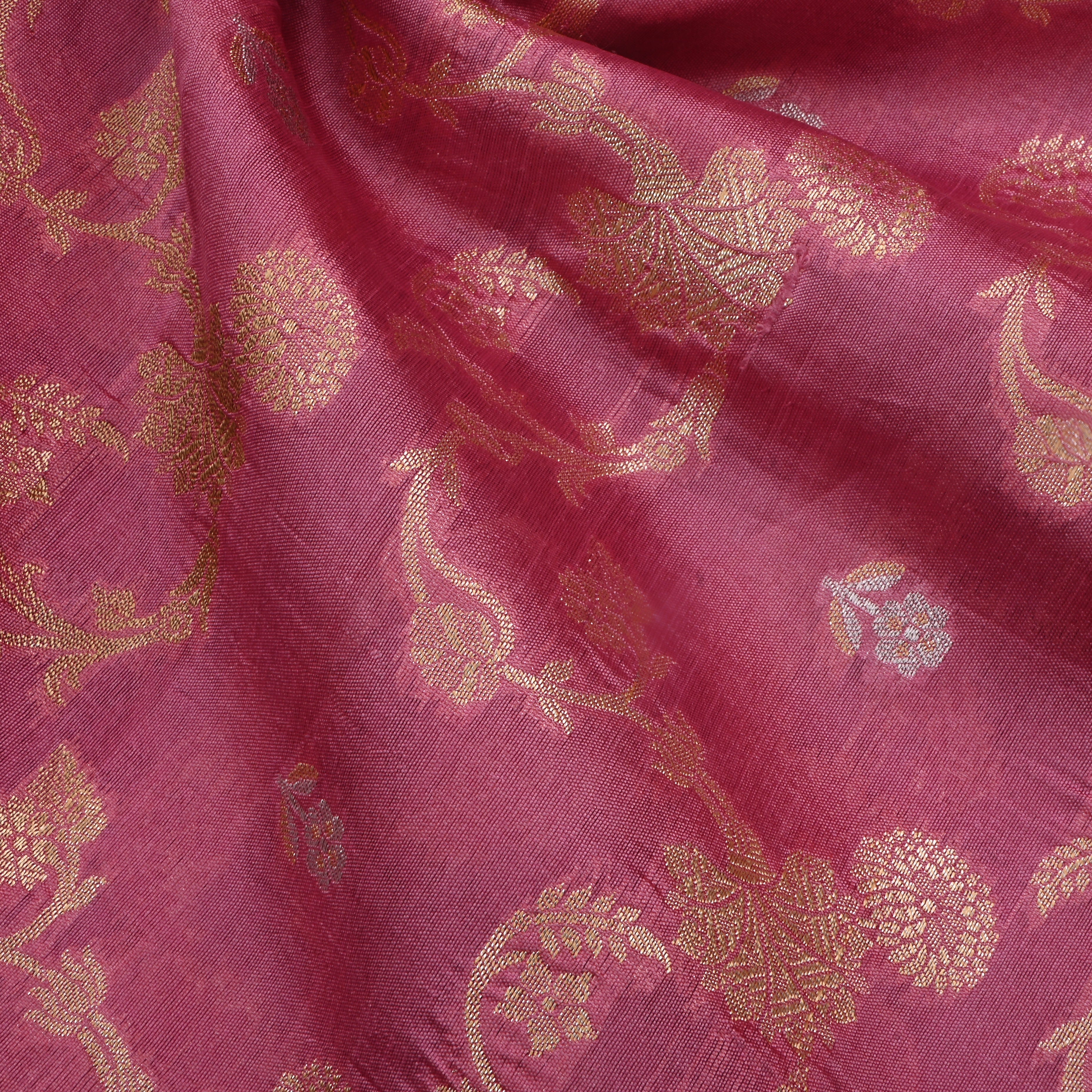 Raspberry Pink Jamawar Silk Fabric With Floral Jaal