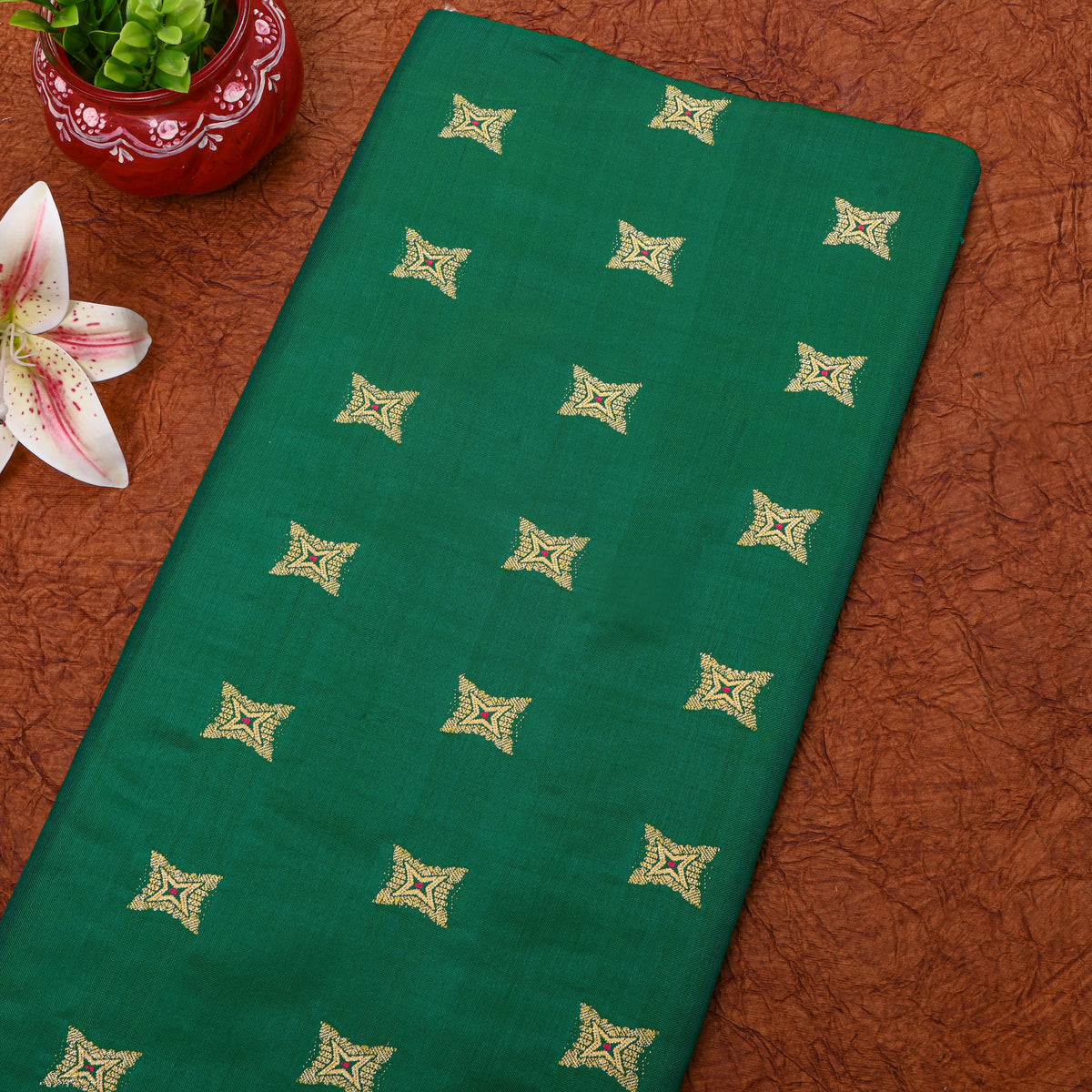 Emerald Green Zari Butti Self Weave Banarasi  Silk Fabric