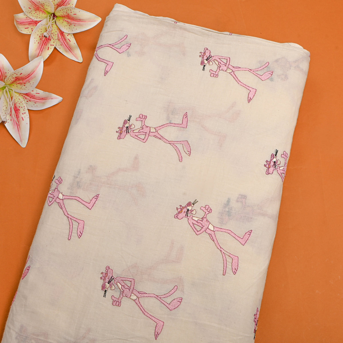 Cream Novelty Pink PantherThread Work Cotton