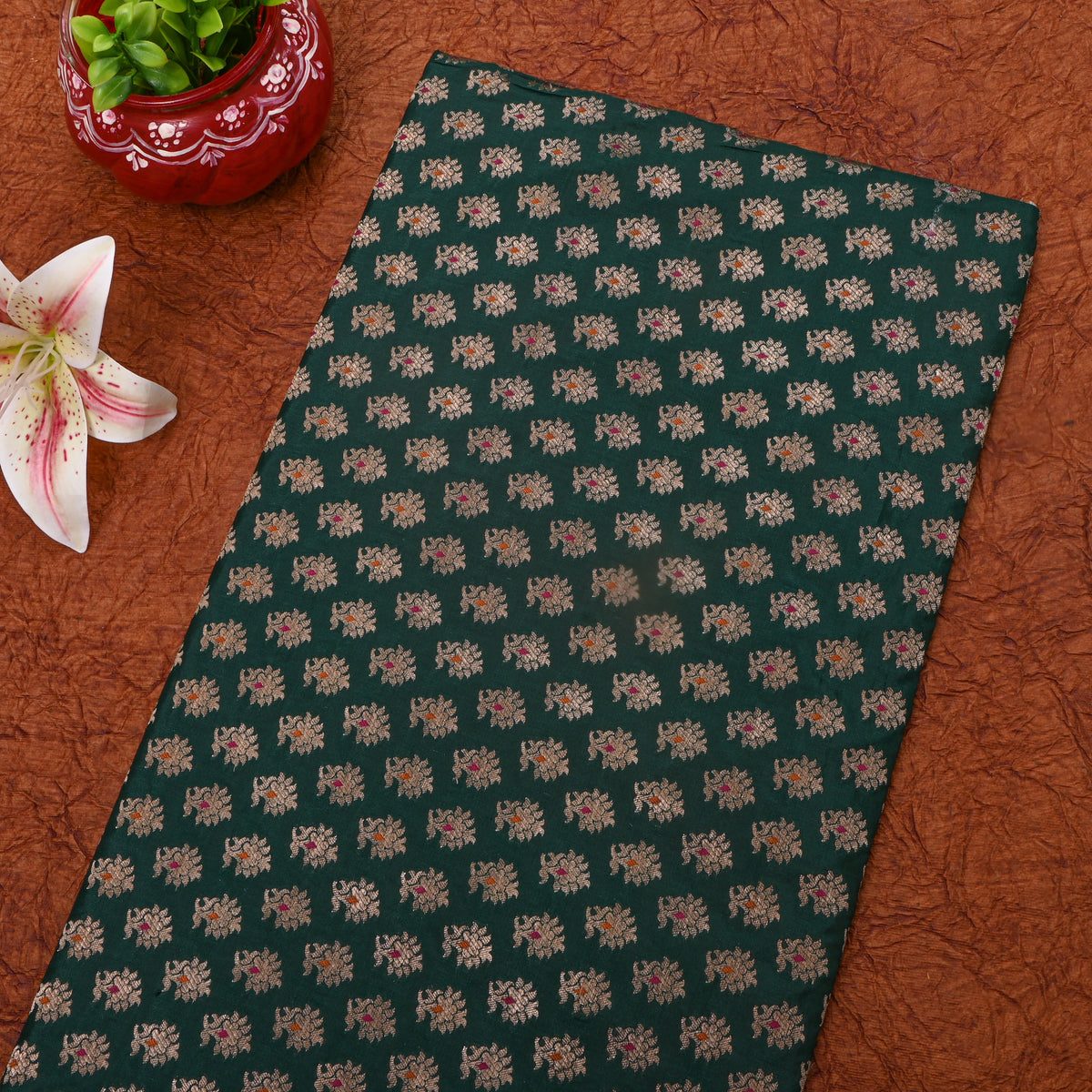 Pine Green Gold Zari Floral Butti Jamawar Silk Fabric