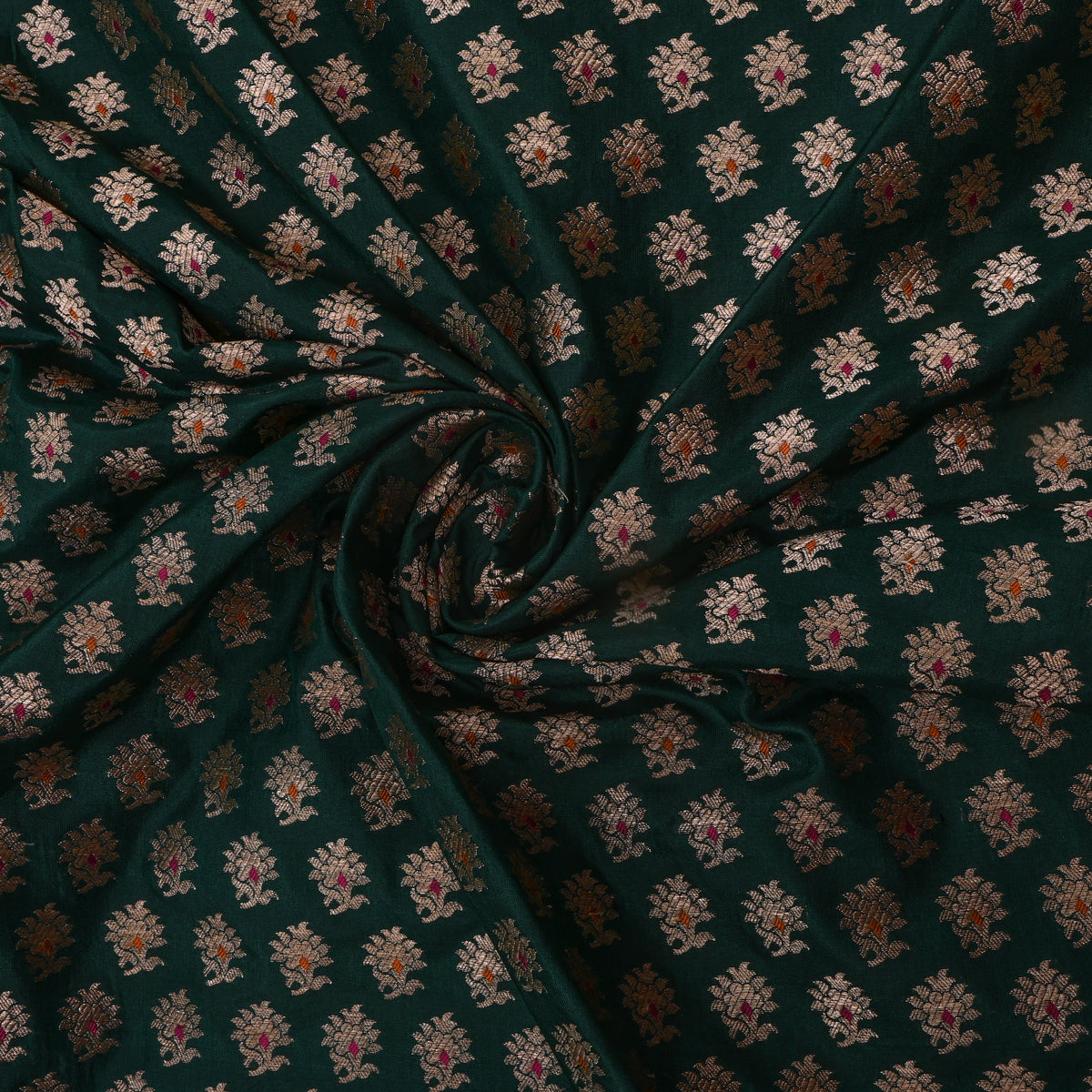 Pine Green Gold Zari Floral Butti Jamawar Silk Fabric