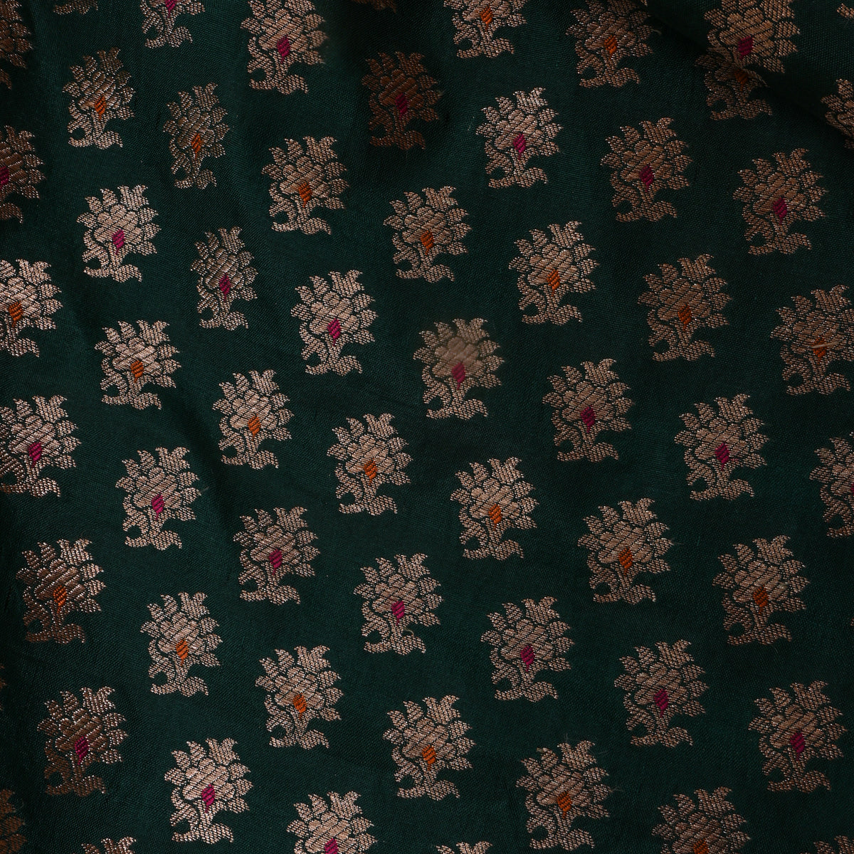 Pine Green Gold Zari Floral Butti Jamawar Silk Fabric
