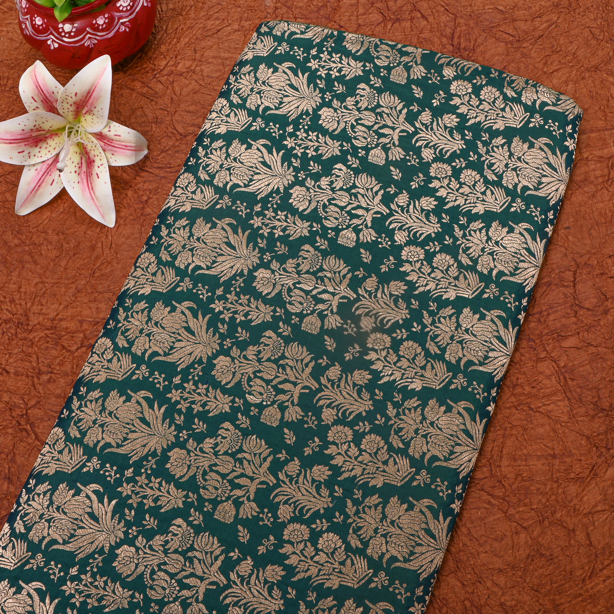 Teal Green Gold Zari Floral Motif Jamawar Silk Fabric