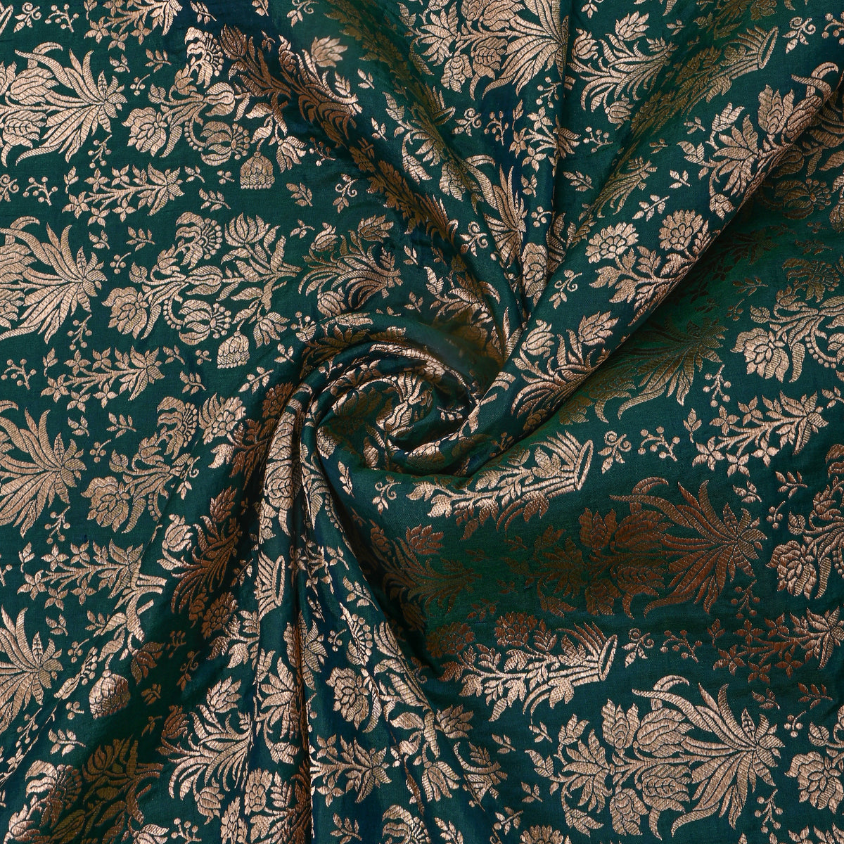 Teal Green Gold Zari Floral Motif Jamawar Silk Fabric