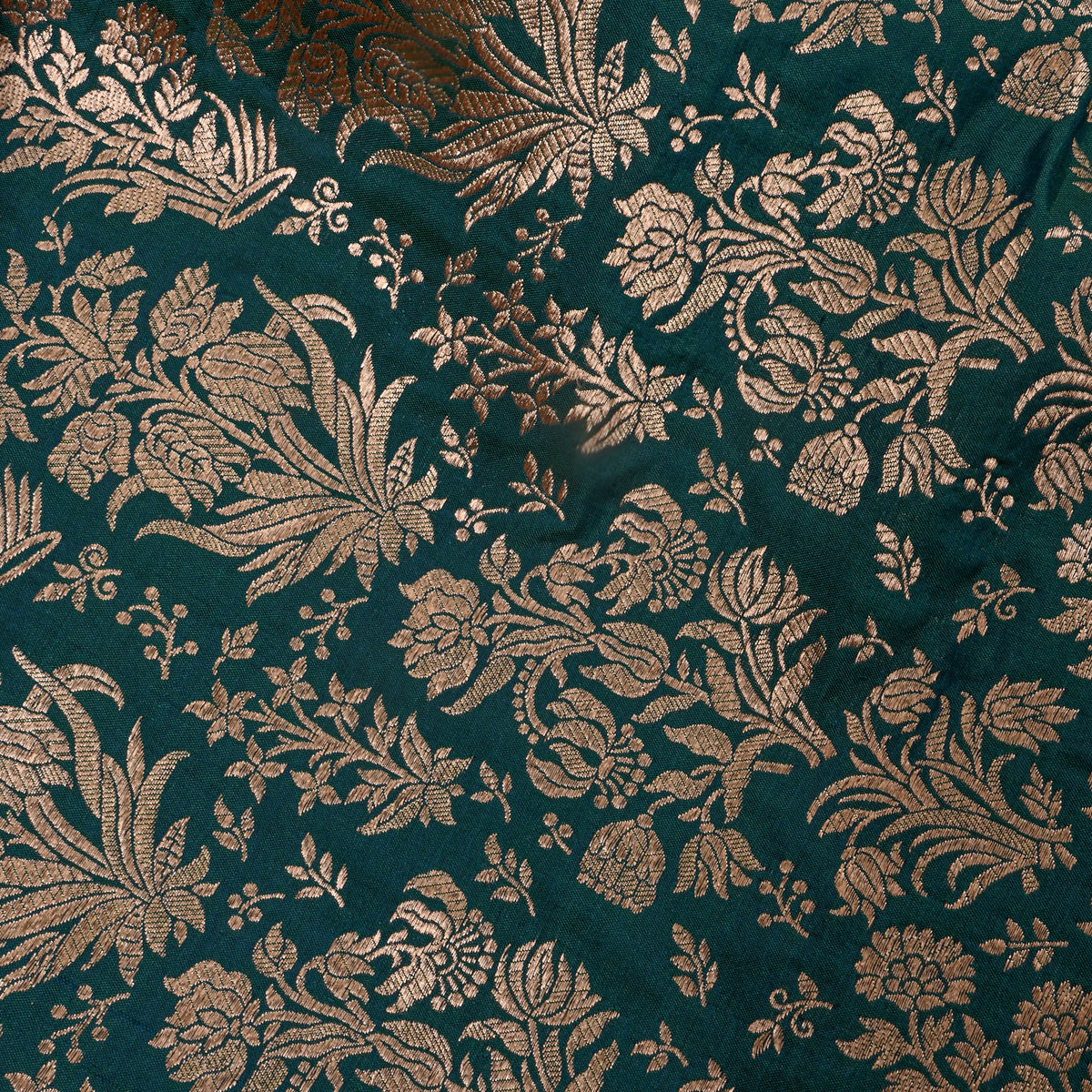 Teal Green Gold Zari Floral Motif Jamawar Silk Fabric