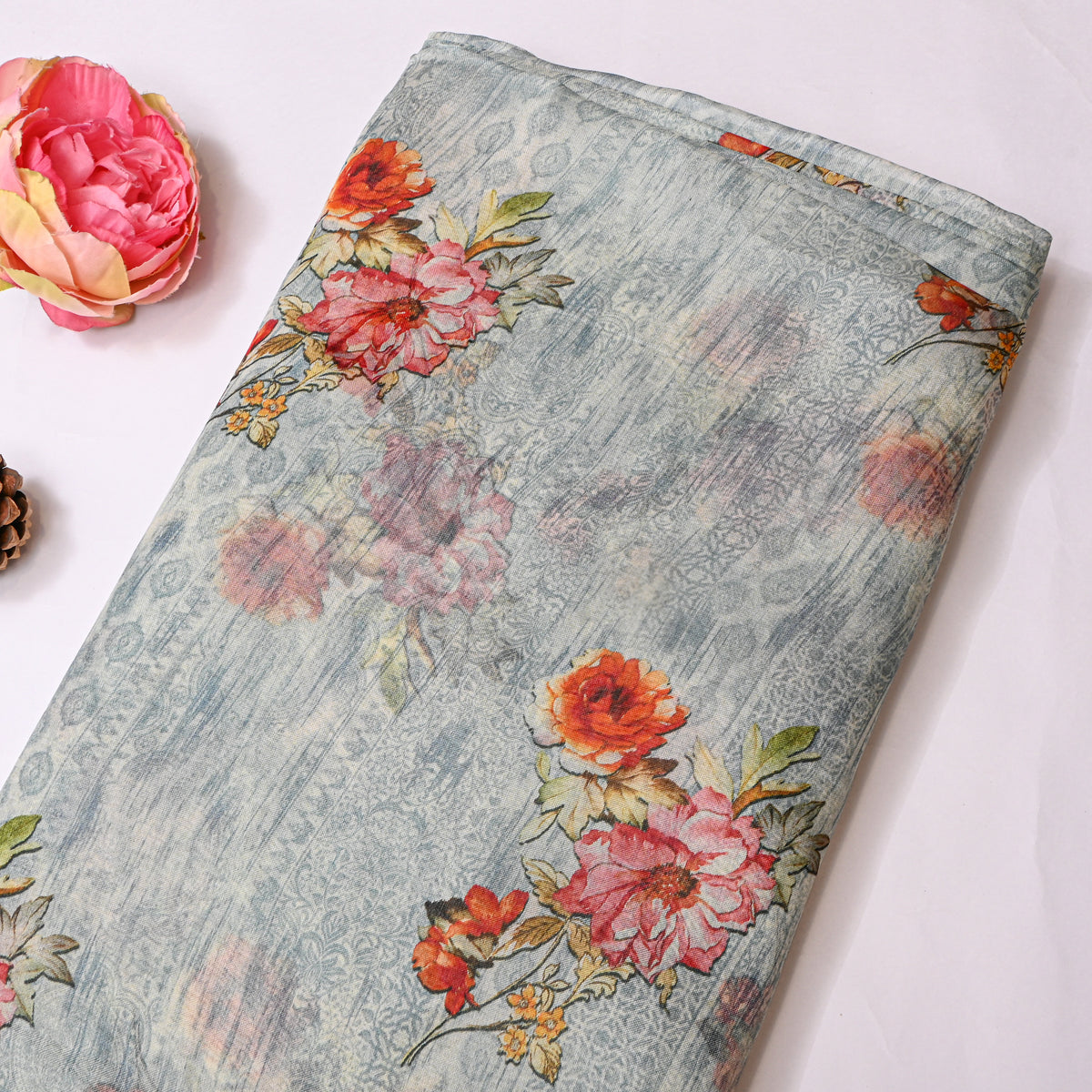 Chambray Blue Rose Bouquet Floral Print Fabric