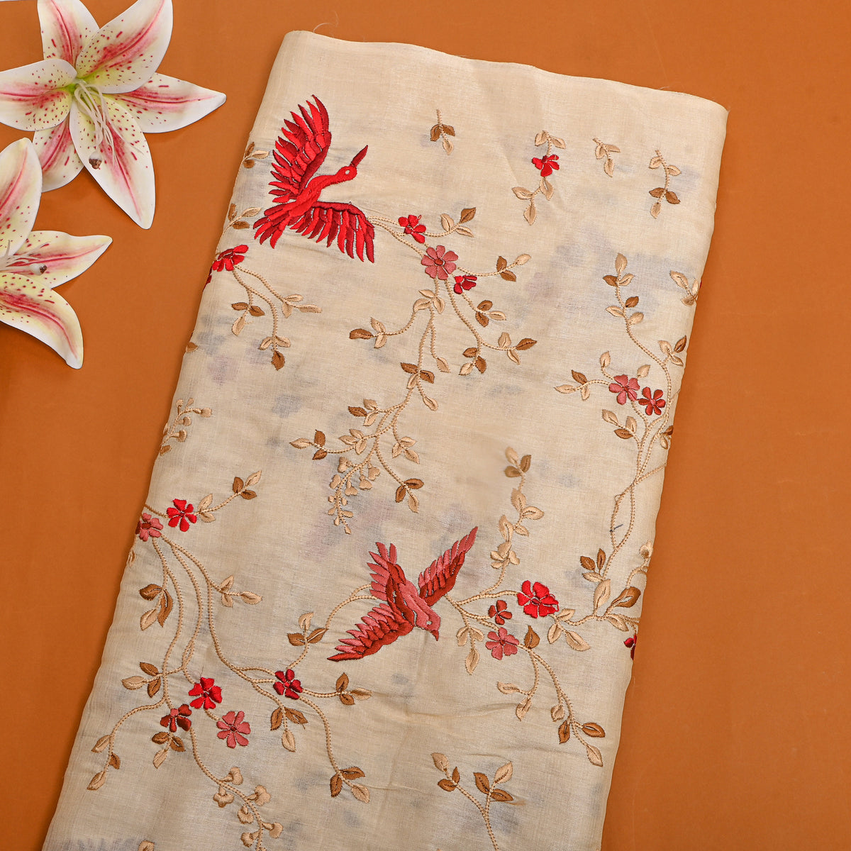 Neutral Beige Bird Motif Thread Work Tusser Fabric