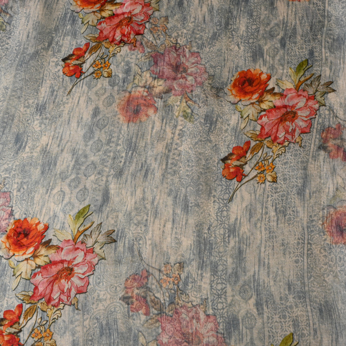 Chambray Blue Rose Bouquet Floral Print Fabric