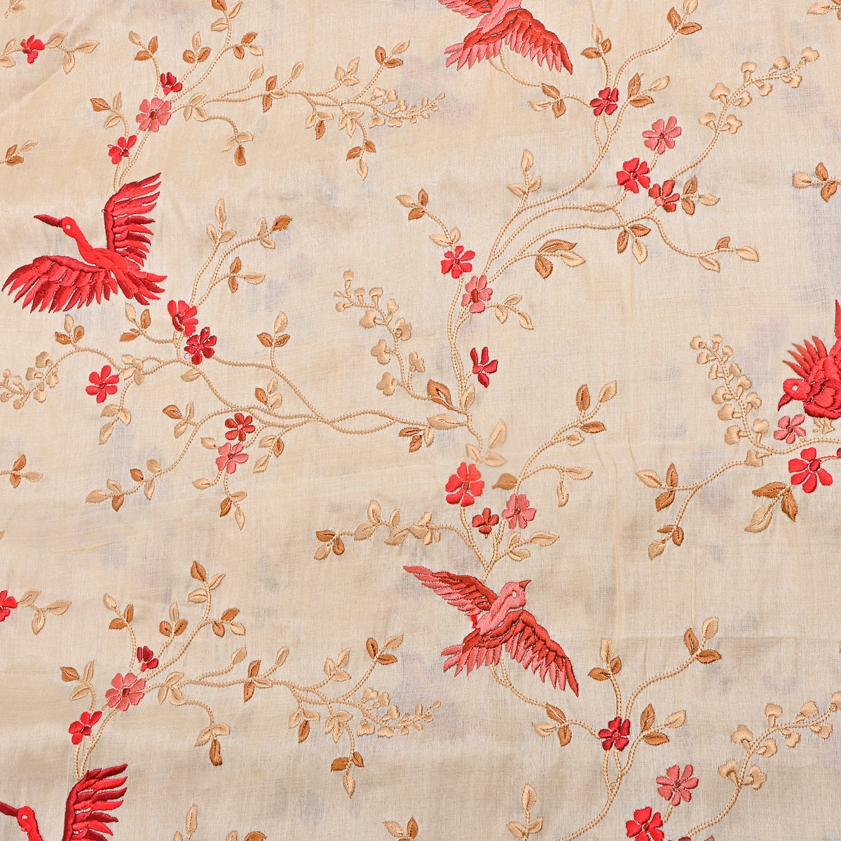 Neutral Beige Bird Motif Thread Work Tusser Fabric