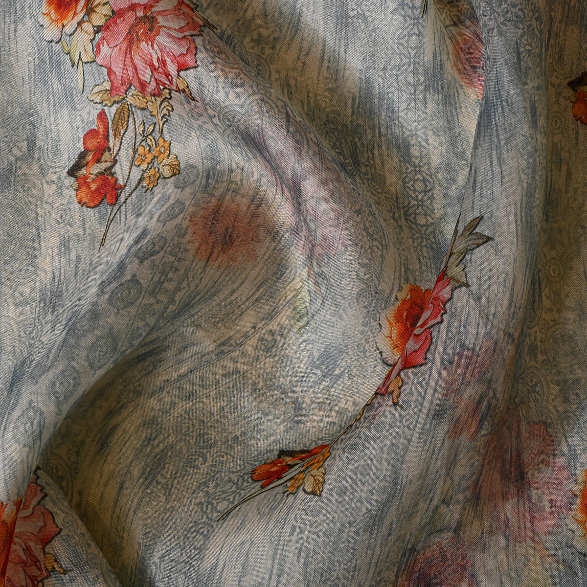 Chambray Blue Rose Bouquet Floral Print Fabric