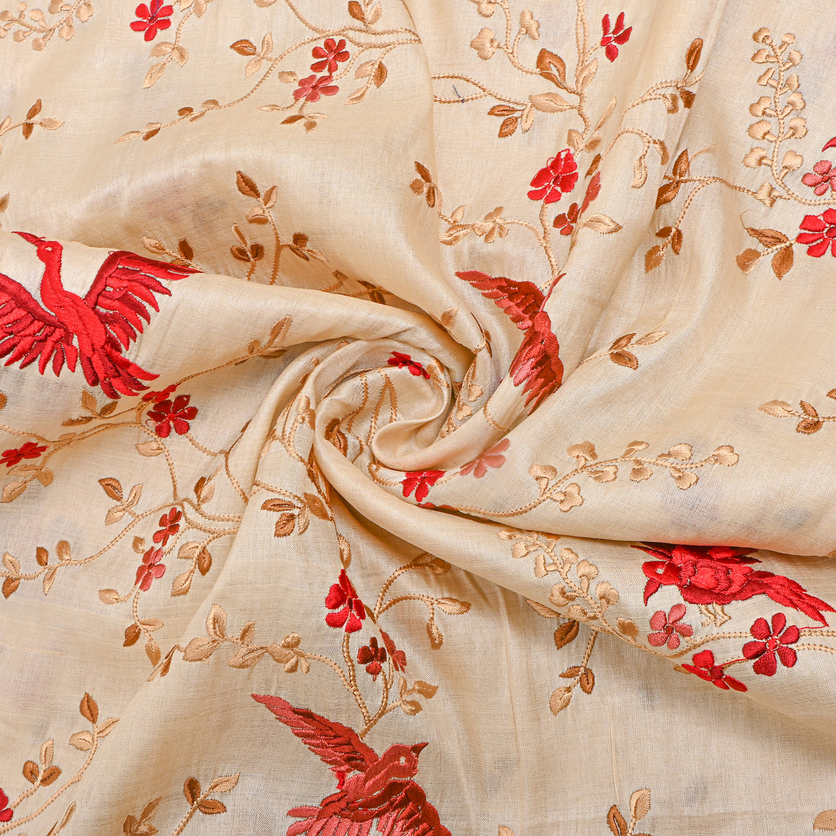 Neutral Beige Bird Motif Thread Work Tusser Fabric