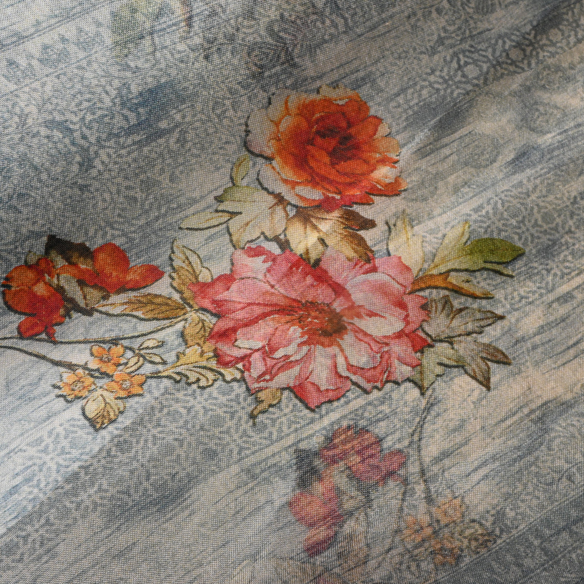 Chambray Blue Rose Bouquet Floral Print Fabric
