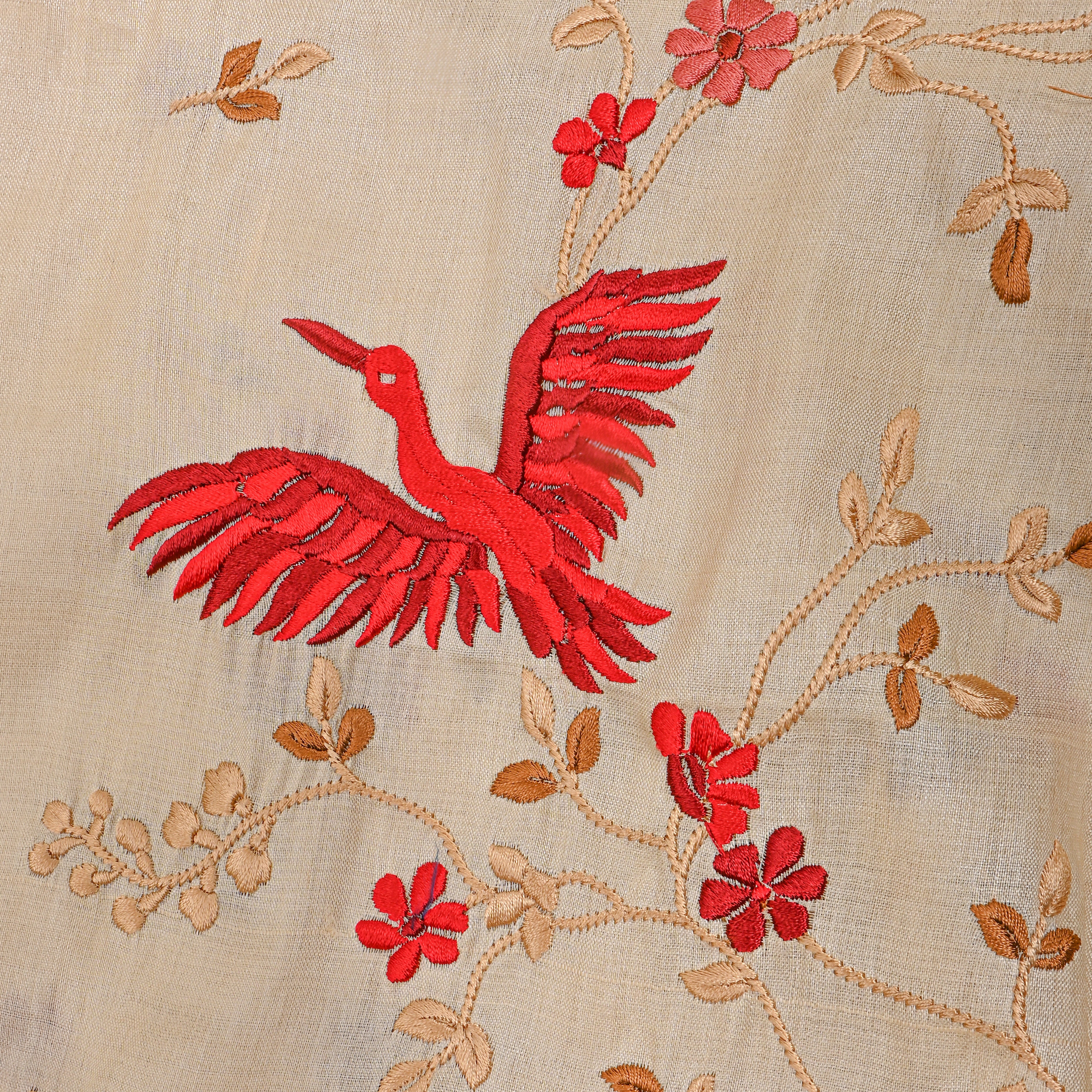 Neutral Beige Bird Motif Thread Work Tusser Fabric