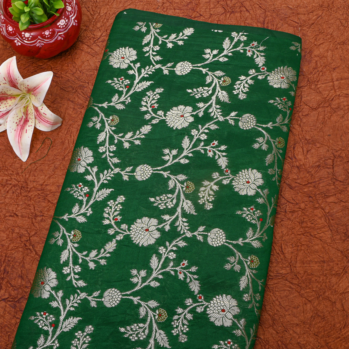 Bottle Green Self Weave Floral Jall Banarasi Silk Fabric