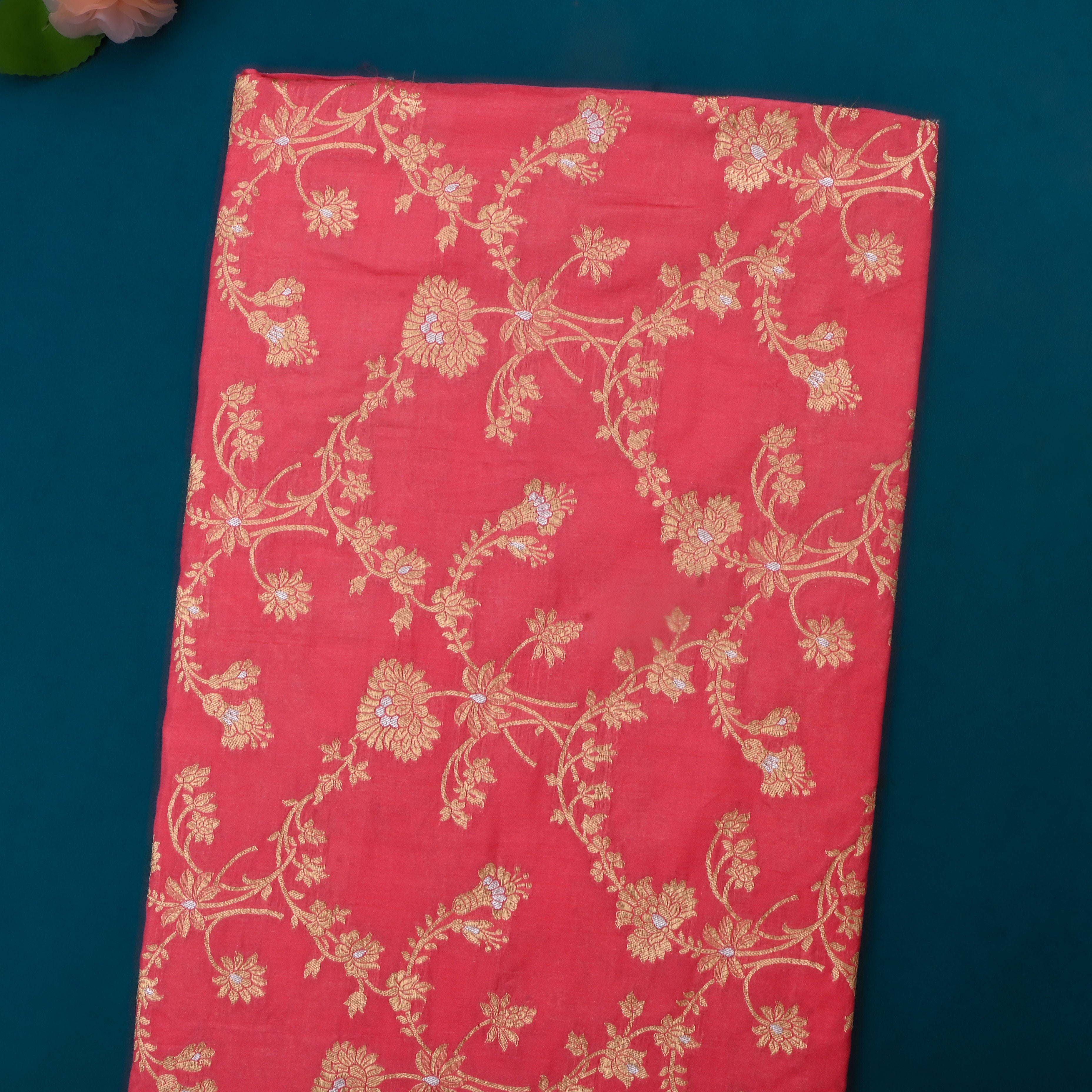Faded Red Jamawar Silk Fabric With Floral Jaal