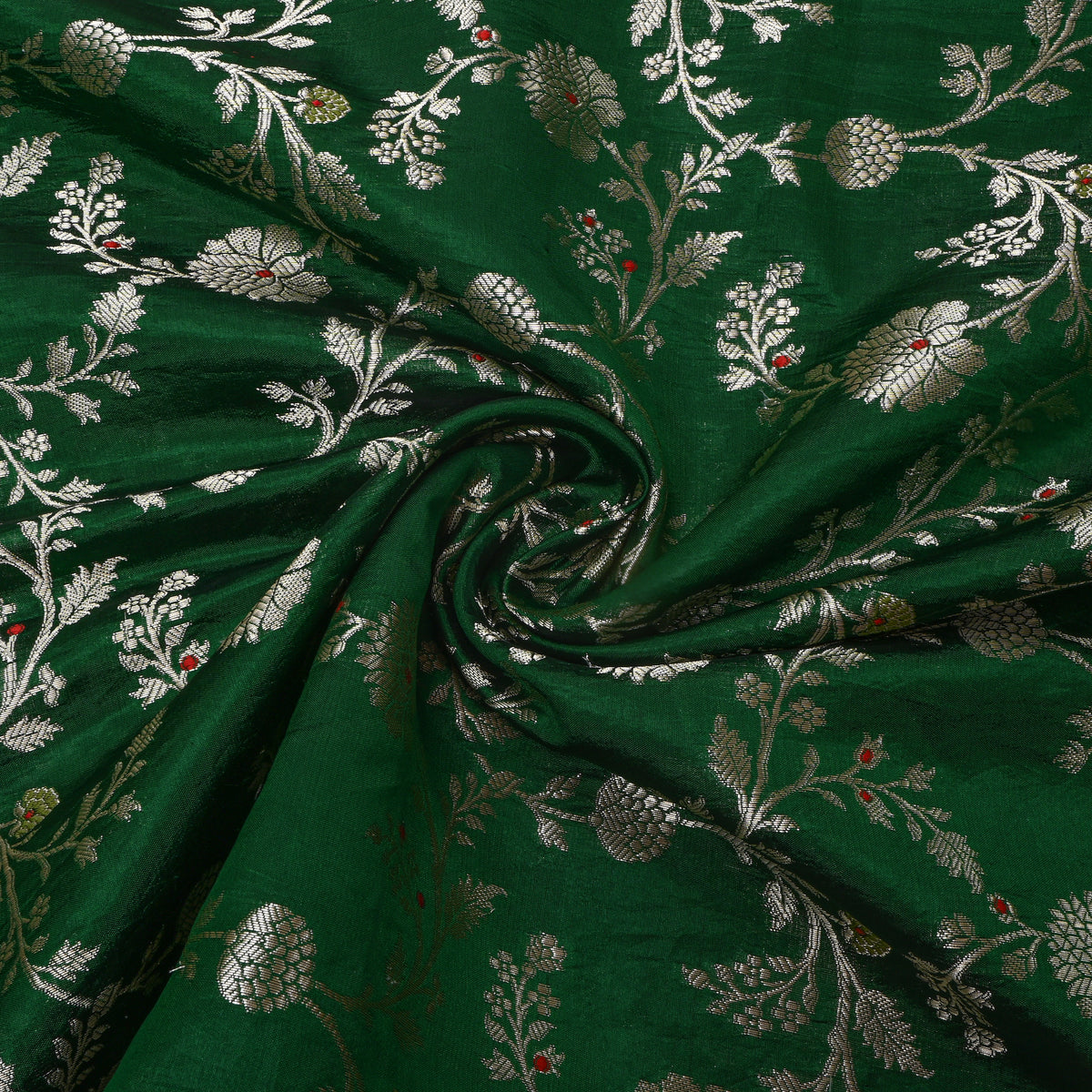 Bottle Green Self Weave Floral Jall Banarasi Silk Fabric