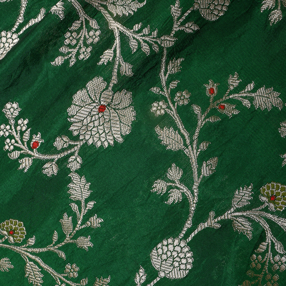 Bottle Green Self Weave Floral Jall Banarasi Silk Fabric