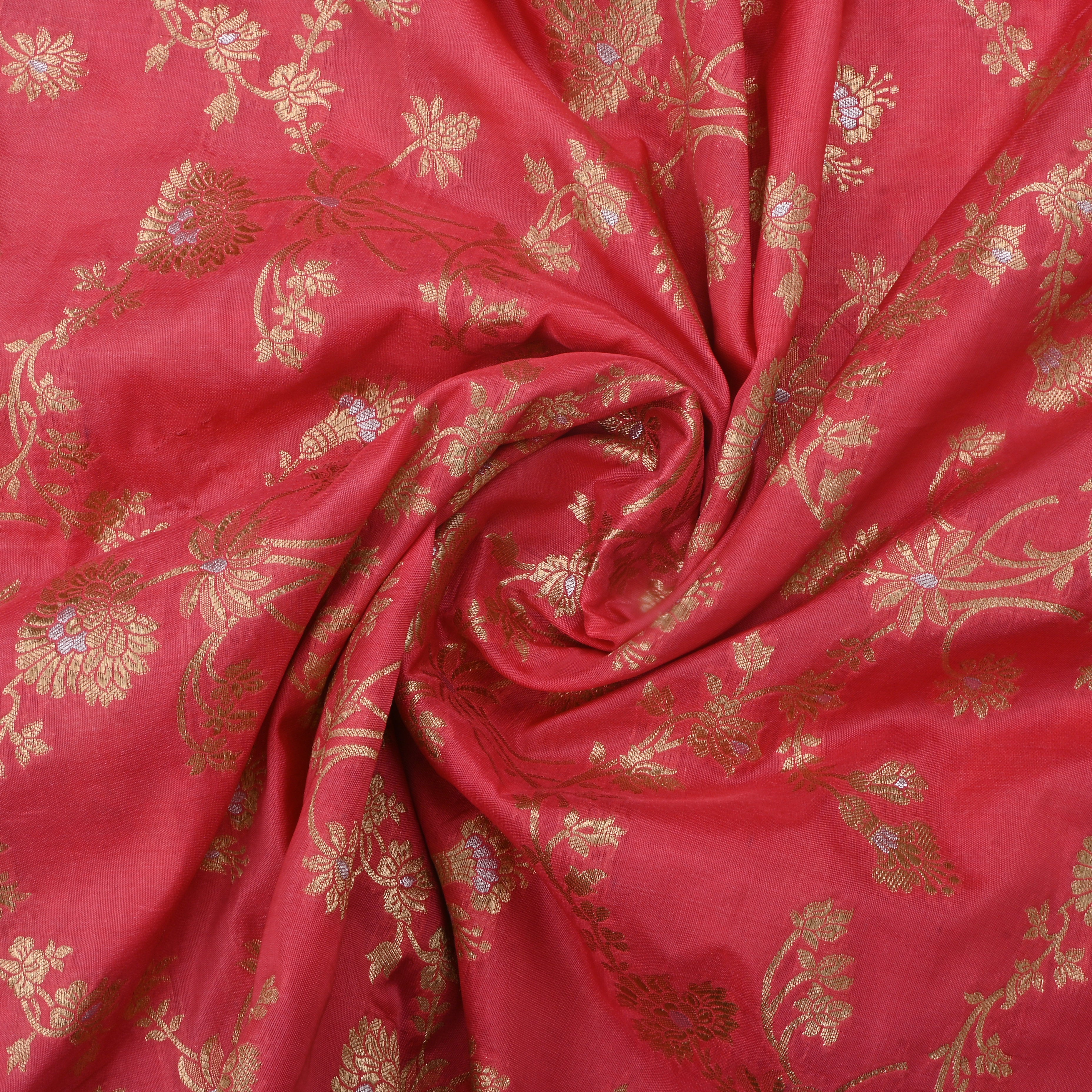 Faded Red Jamawar Silk Fabric With Floral Jaal