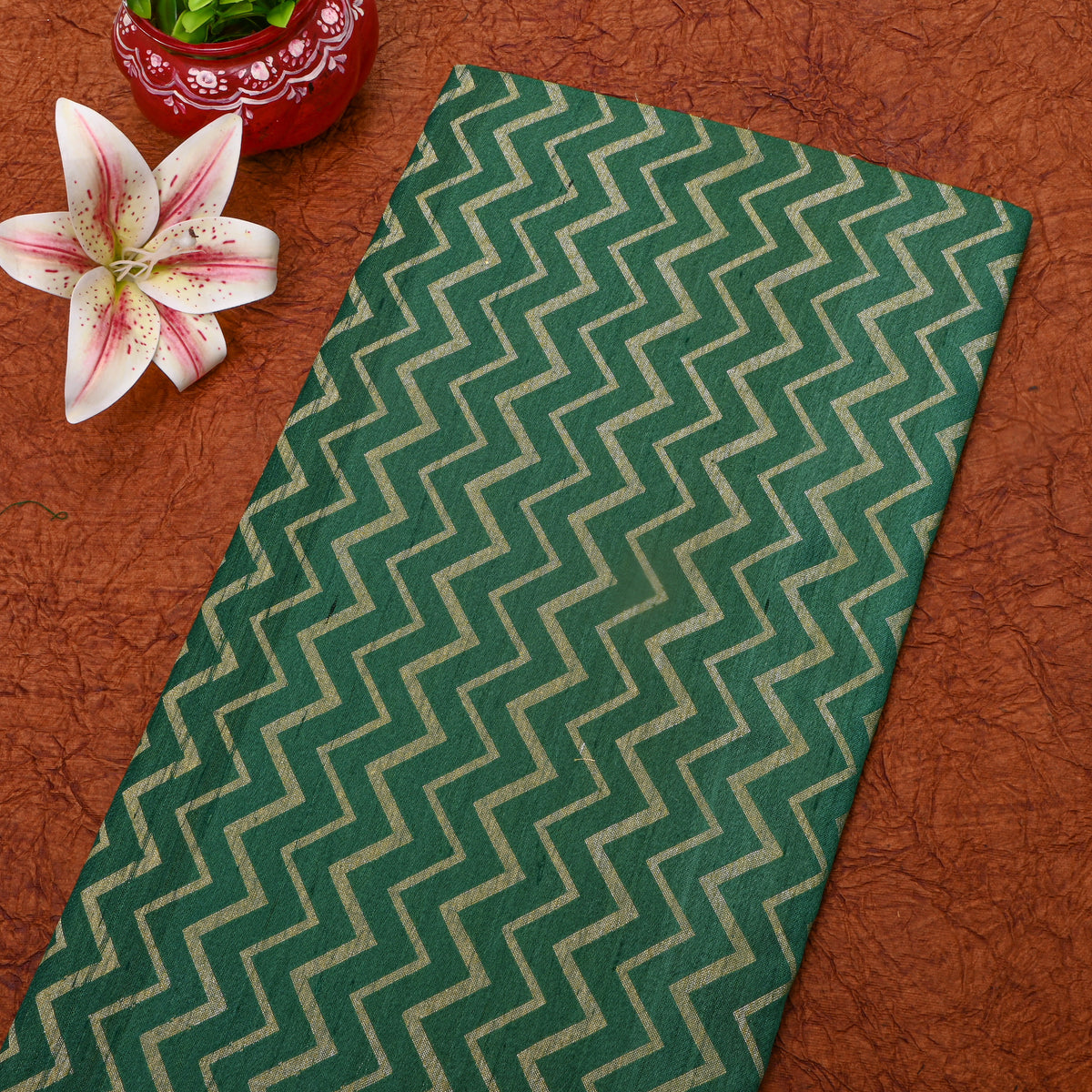 Emerald Green Zigzag Jamawar Silk Fabric
