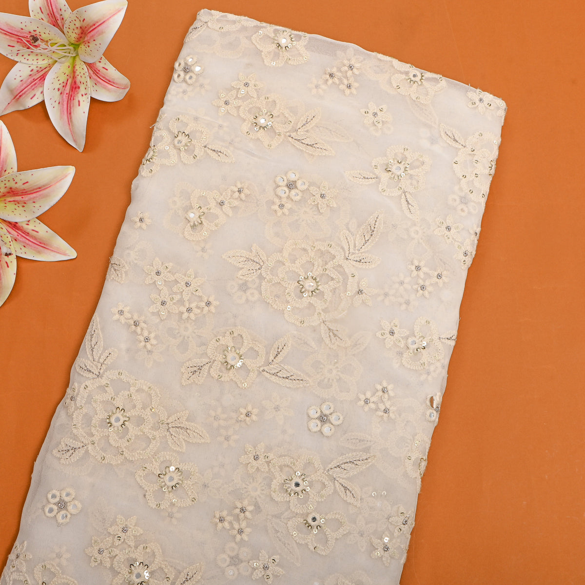 Cream Georgette With Gold Floral Thread Work
