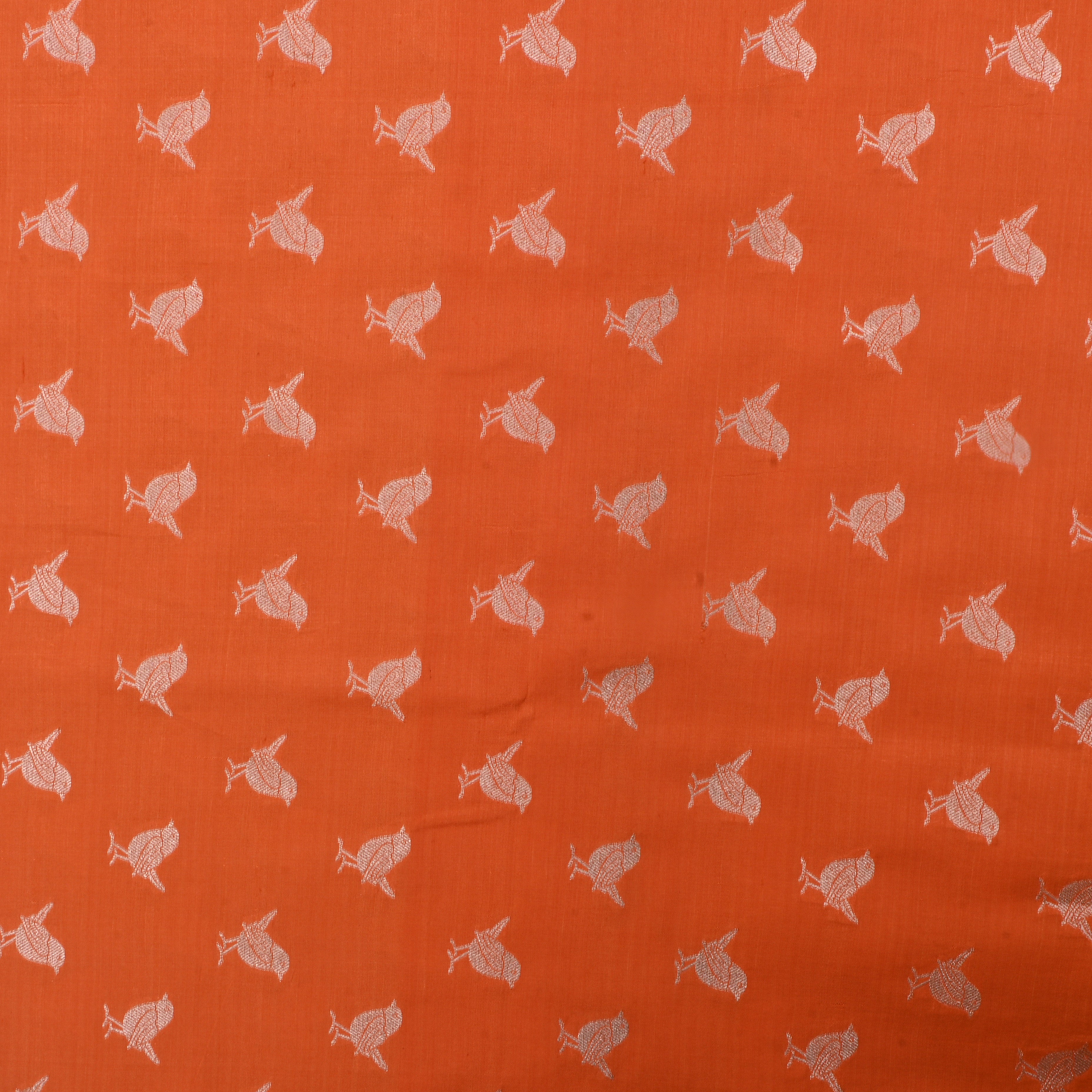 Flame Orange Jamawar Silk Fabric With Parrot Patterns