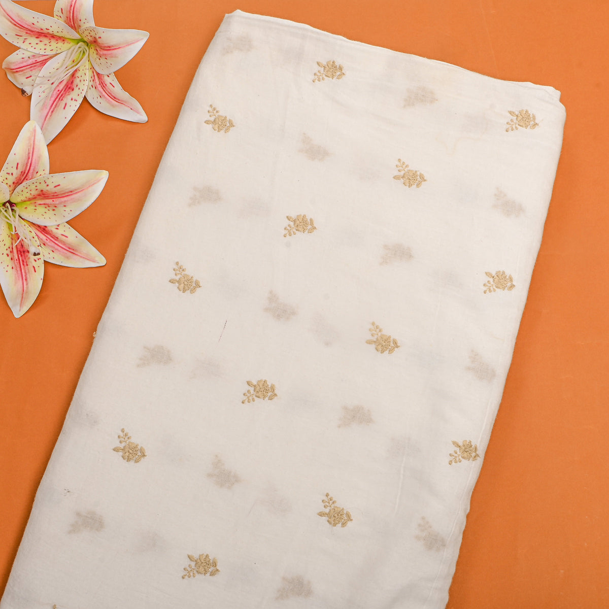 White Gold Floral Embroidered Cotton Fabric