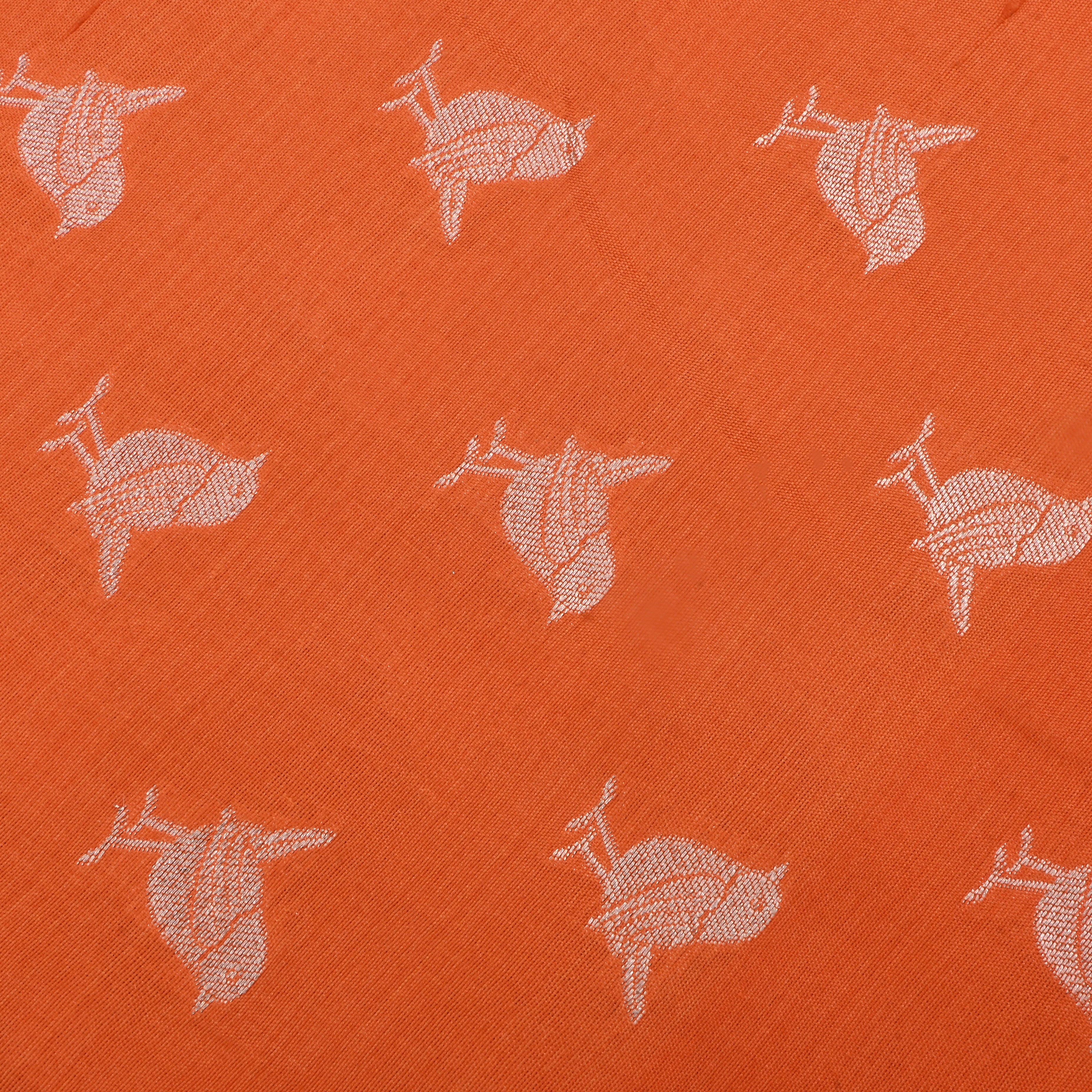 Flame Orange Jamawar Silk Fabric With Parrot Patterns