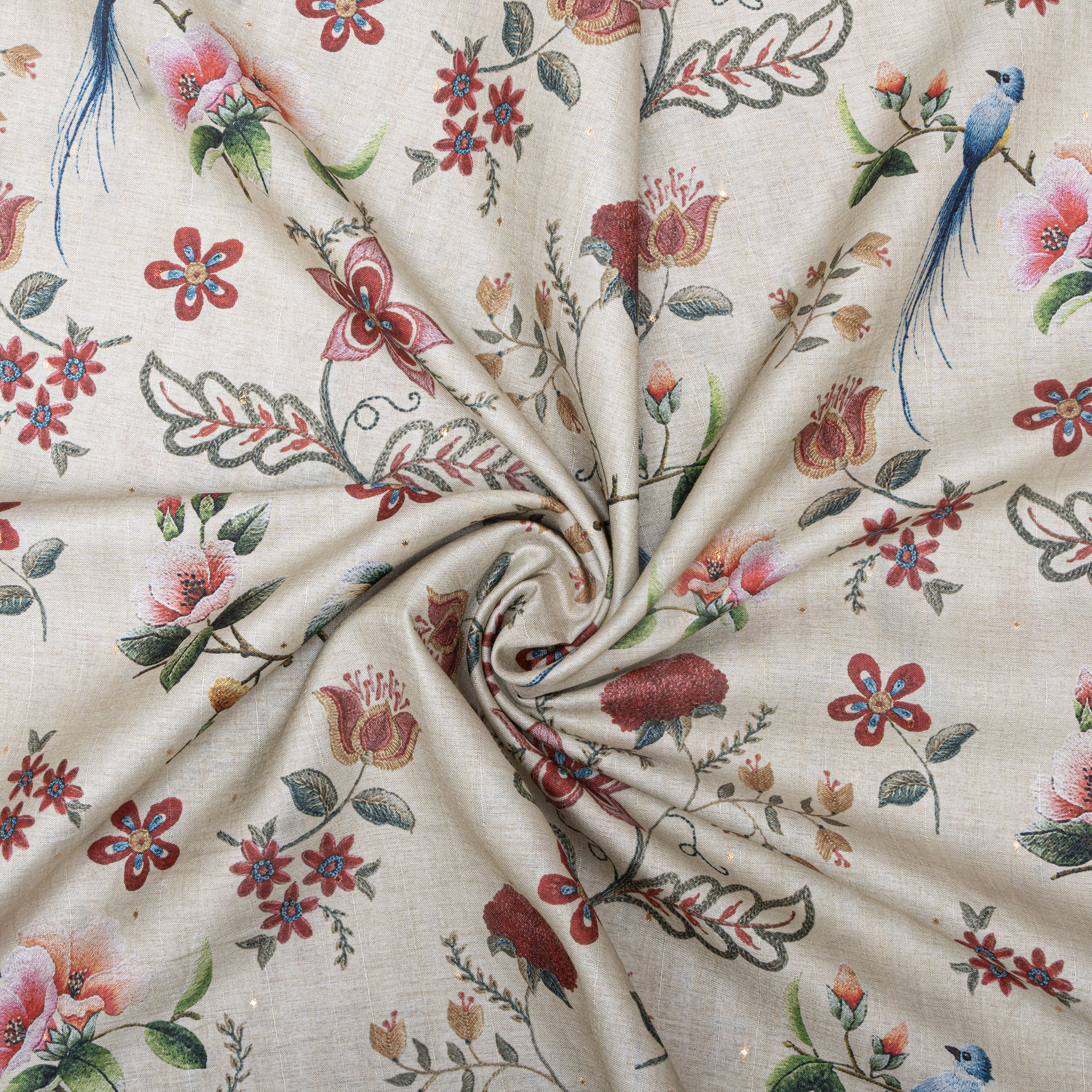 Off White Tussar Fabric With Prints