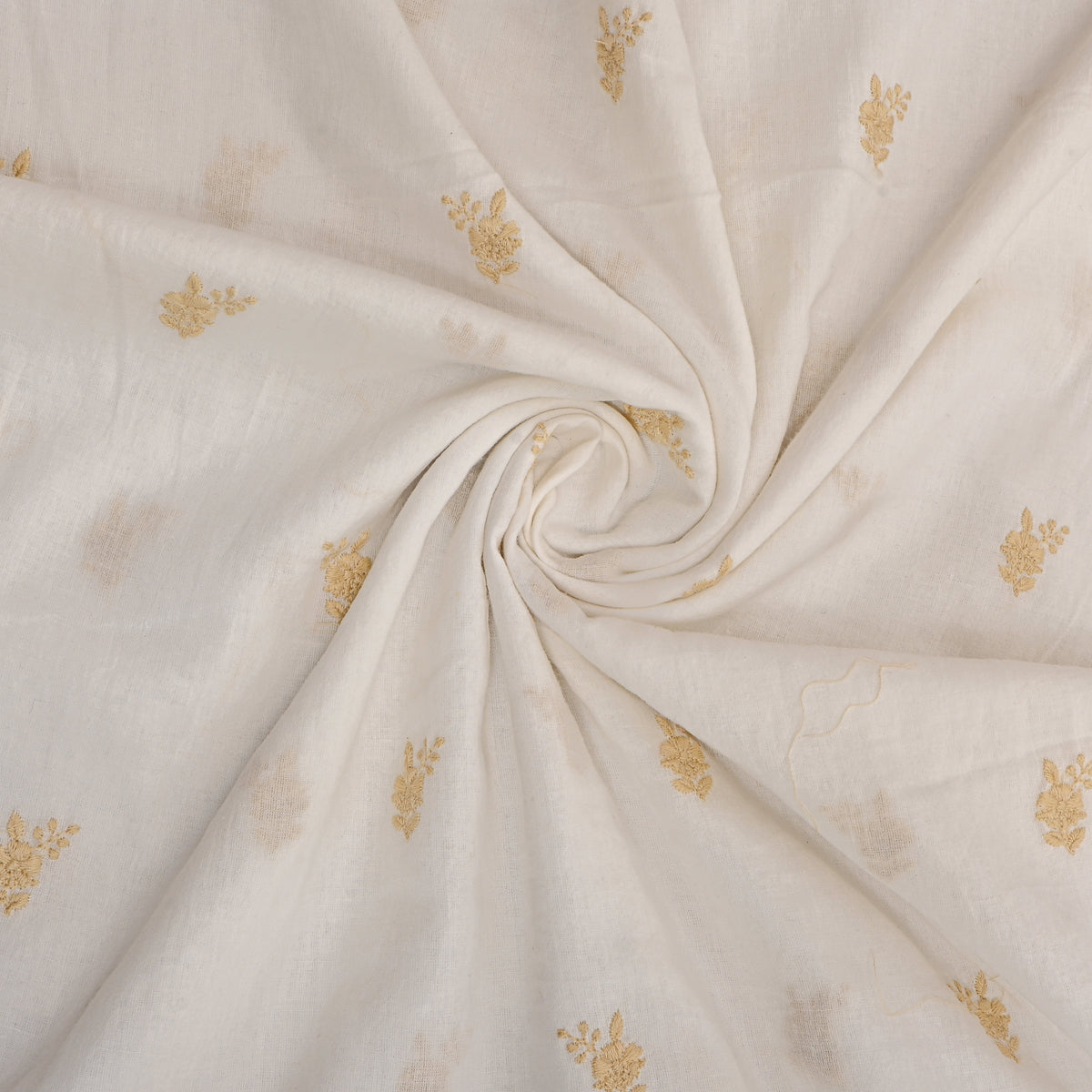 White Gold Floral Embroidered Cotton Fabric