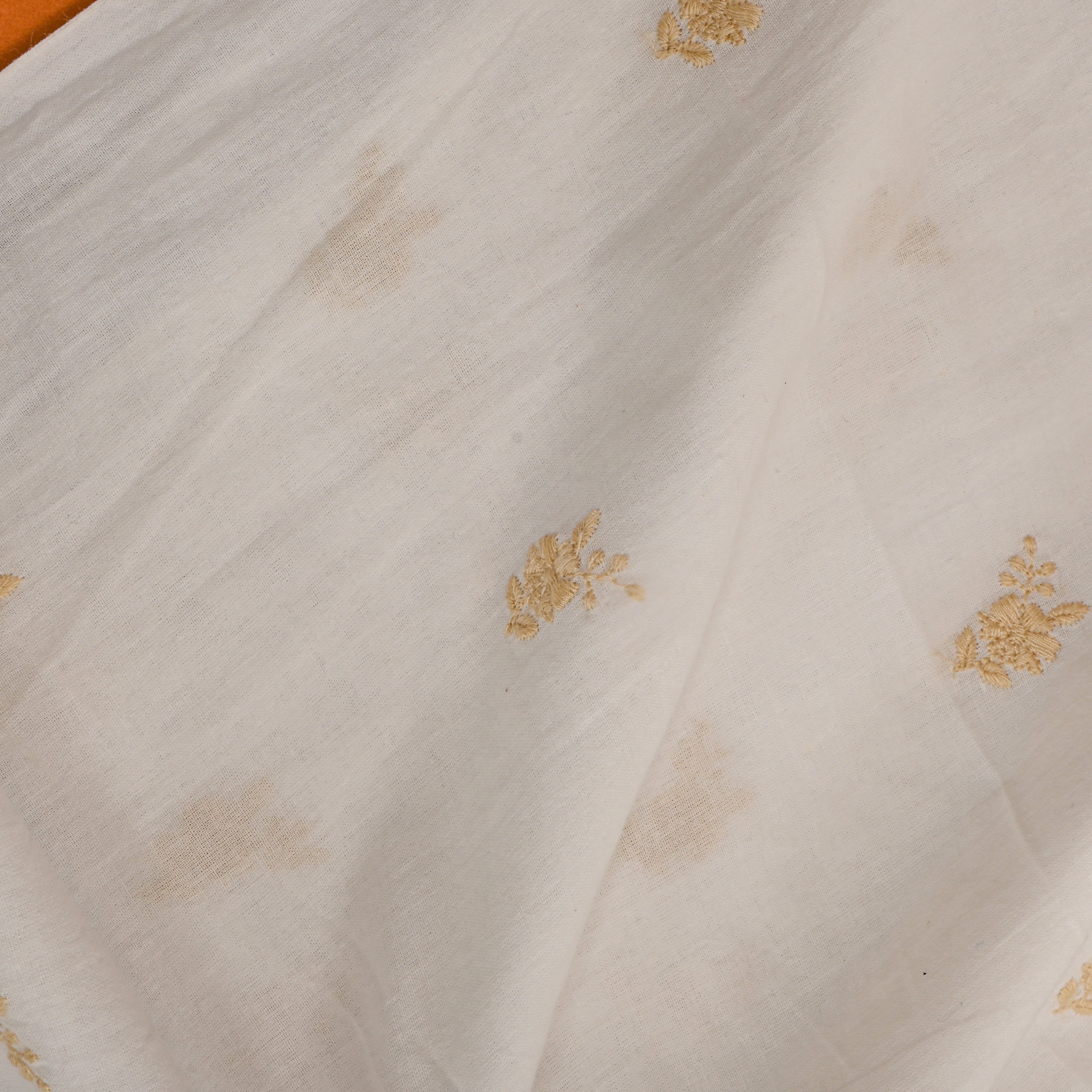 White Gold Floral Embroidered Cotton Fabric