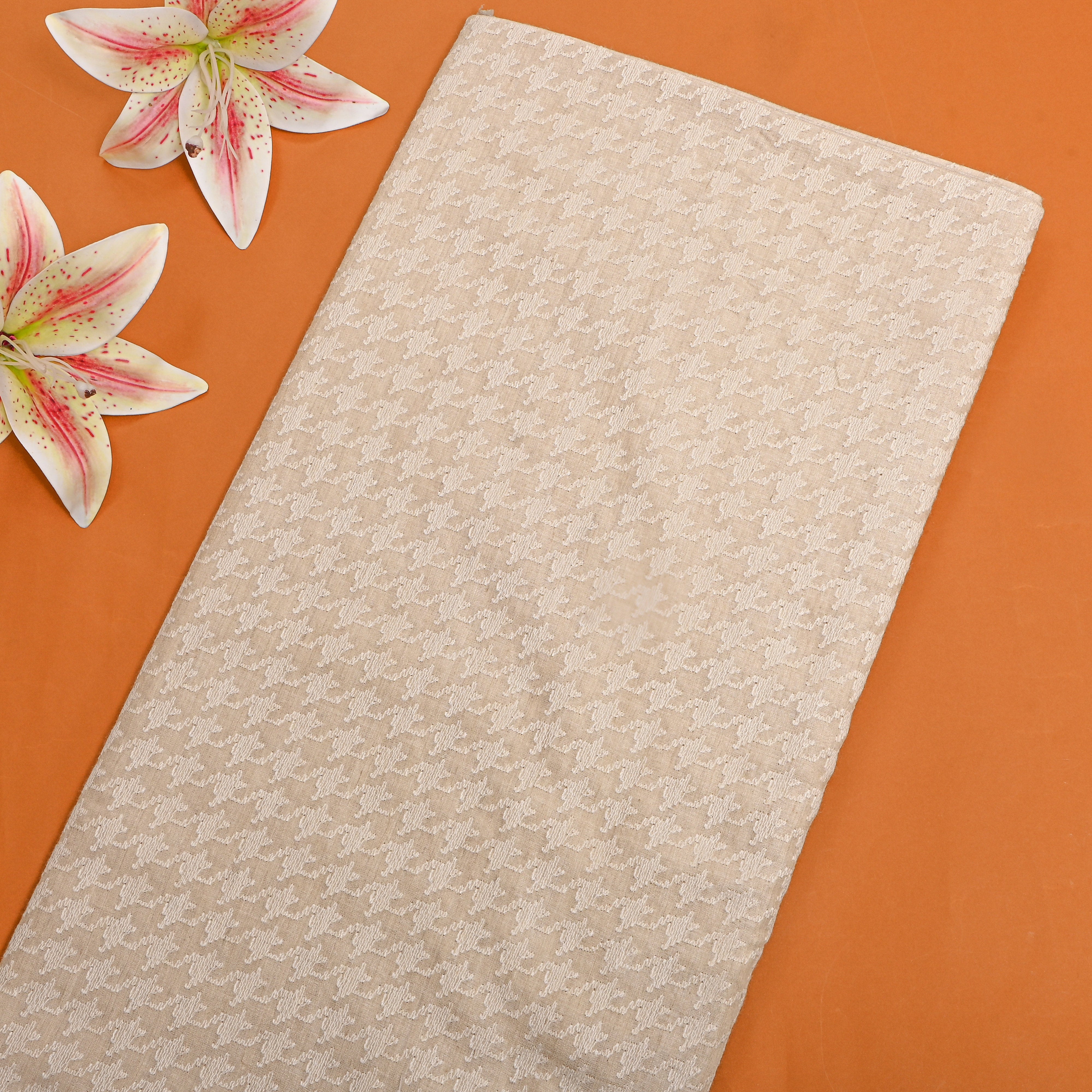 Golden Beige Thread Embroidery Munga Tussar Fabric
