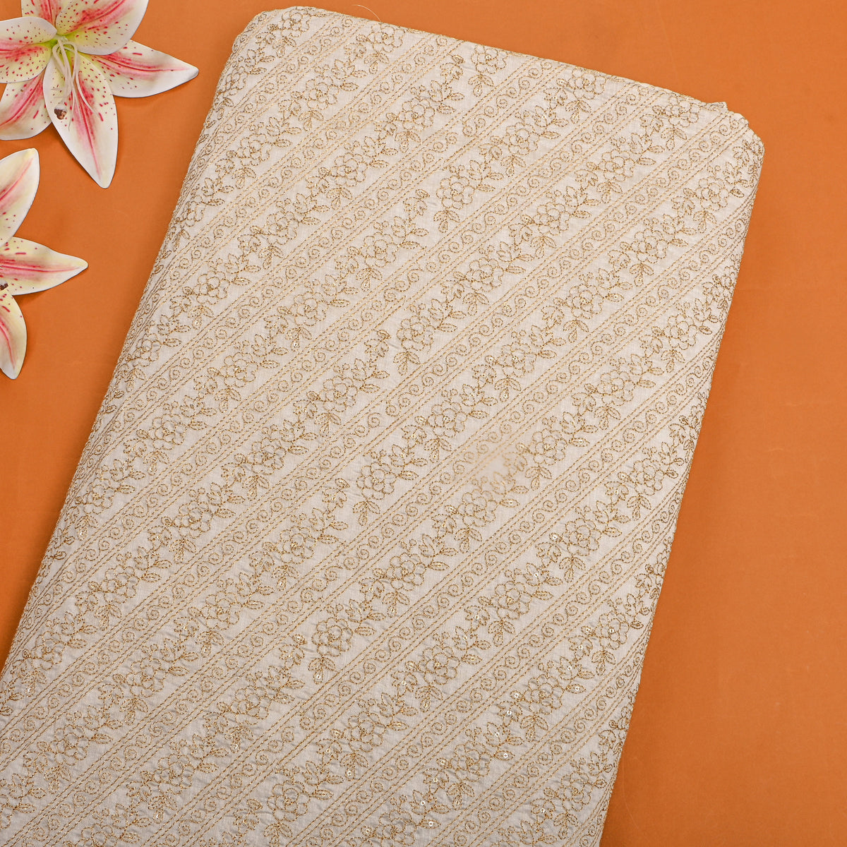 Cream Zari Striped Embroidered Chanderi