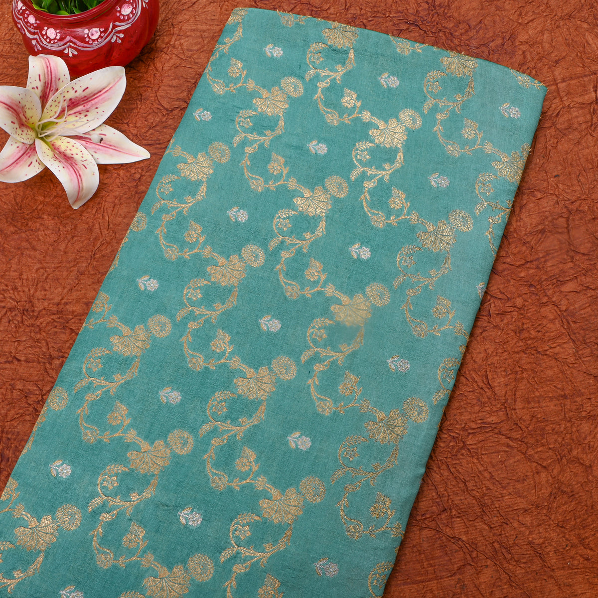 Teal Dual Tone Floral Vine Self Weave Jamawar Silk Fabric