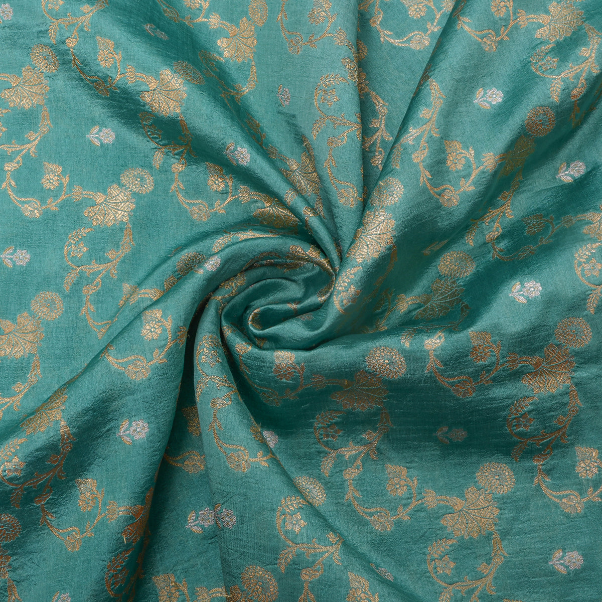 Teal Dual Tone Floral Vine Self Weave Jamawar Silk Fabric