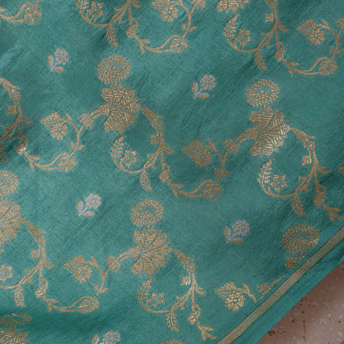 Teal Dual Tone Floral Vine Self Weave Jamawar Silk Fabric