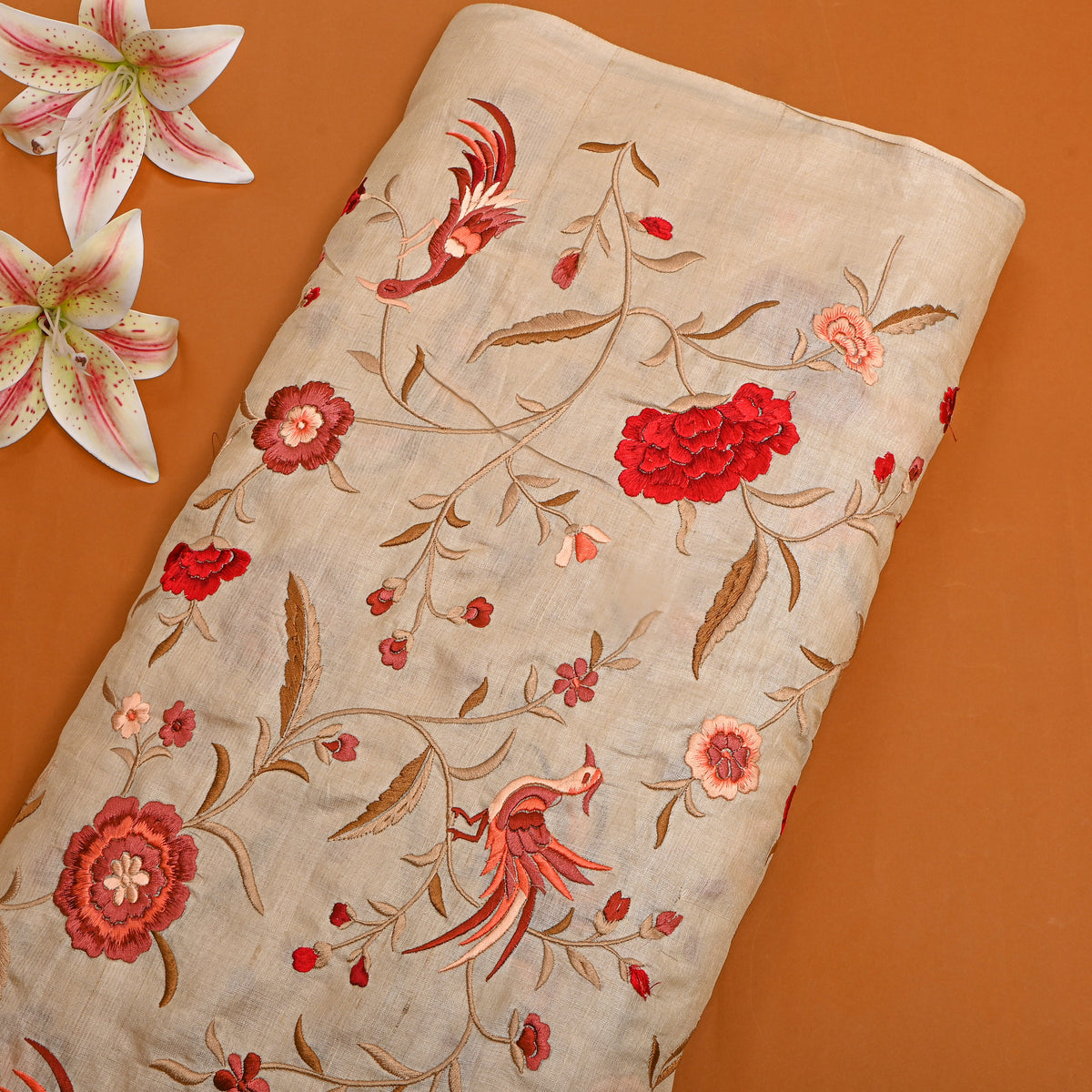 Beige Tussar With Bird Motif Thread Work