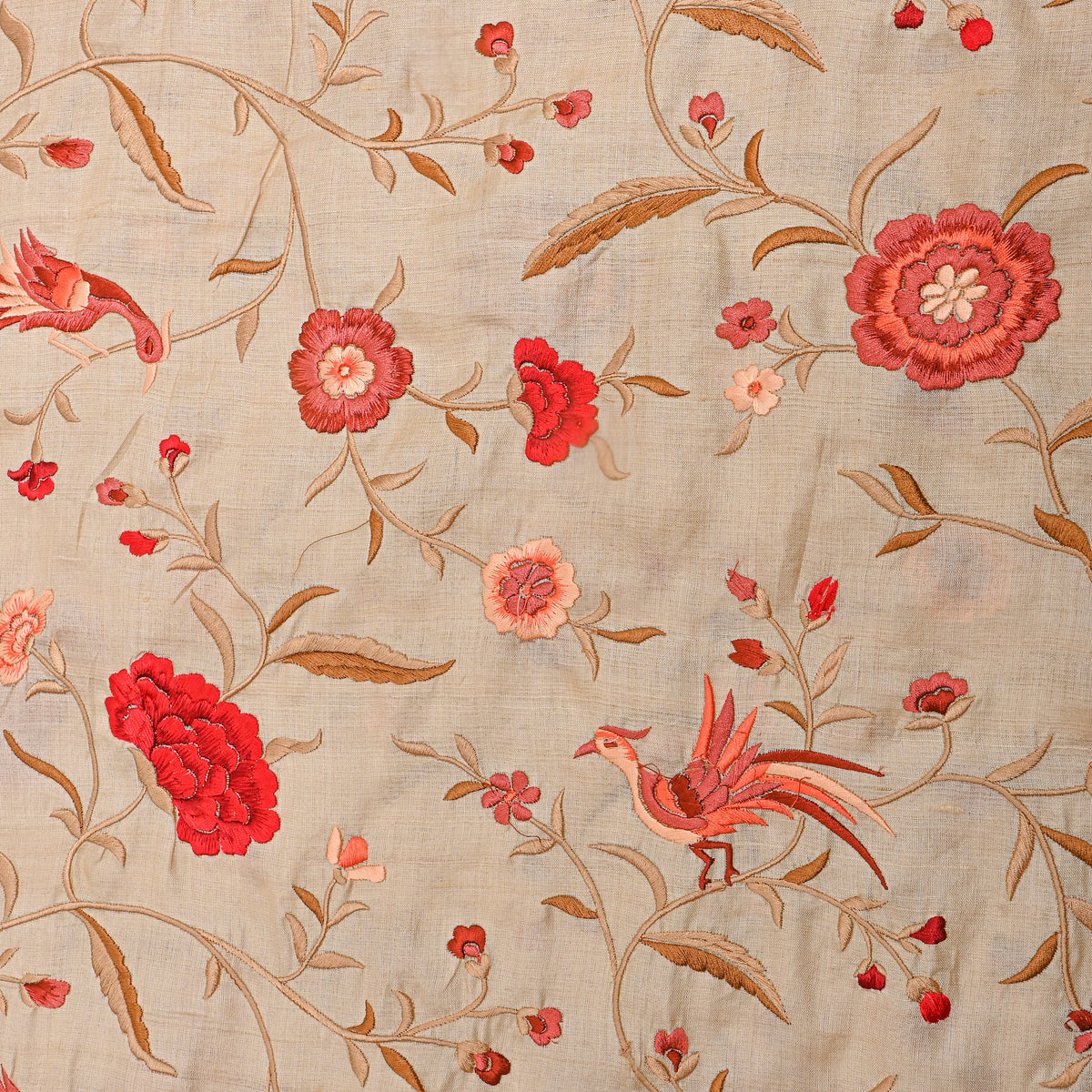Beige Tussar With Bird Motif Thread Work