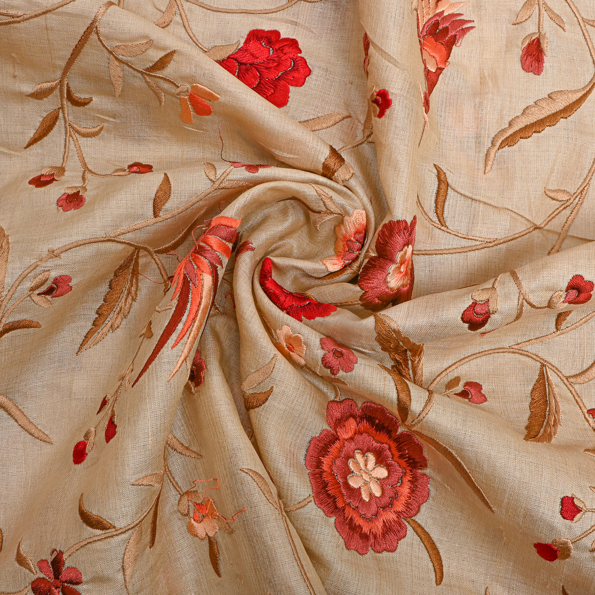 Beige Tussar With Bird Motif Thread Work