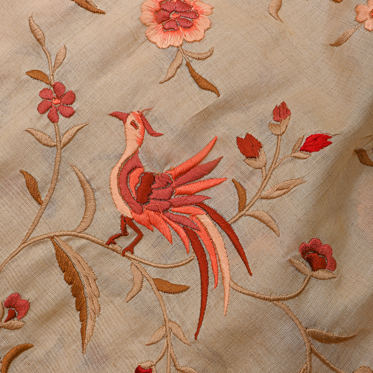Beige Tussar With Bird Motif Thread Work