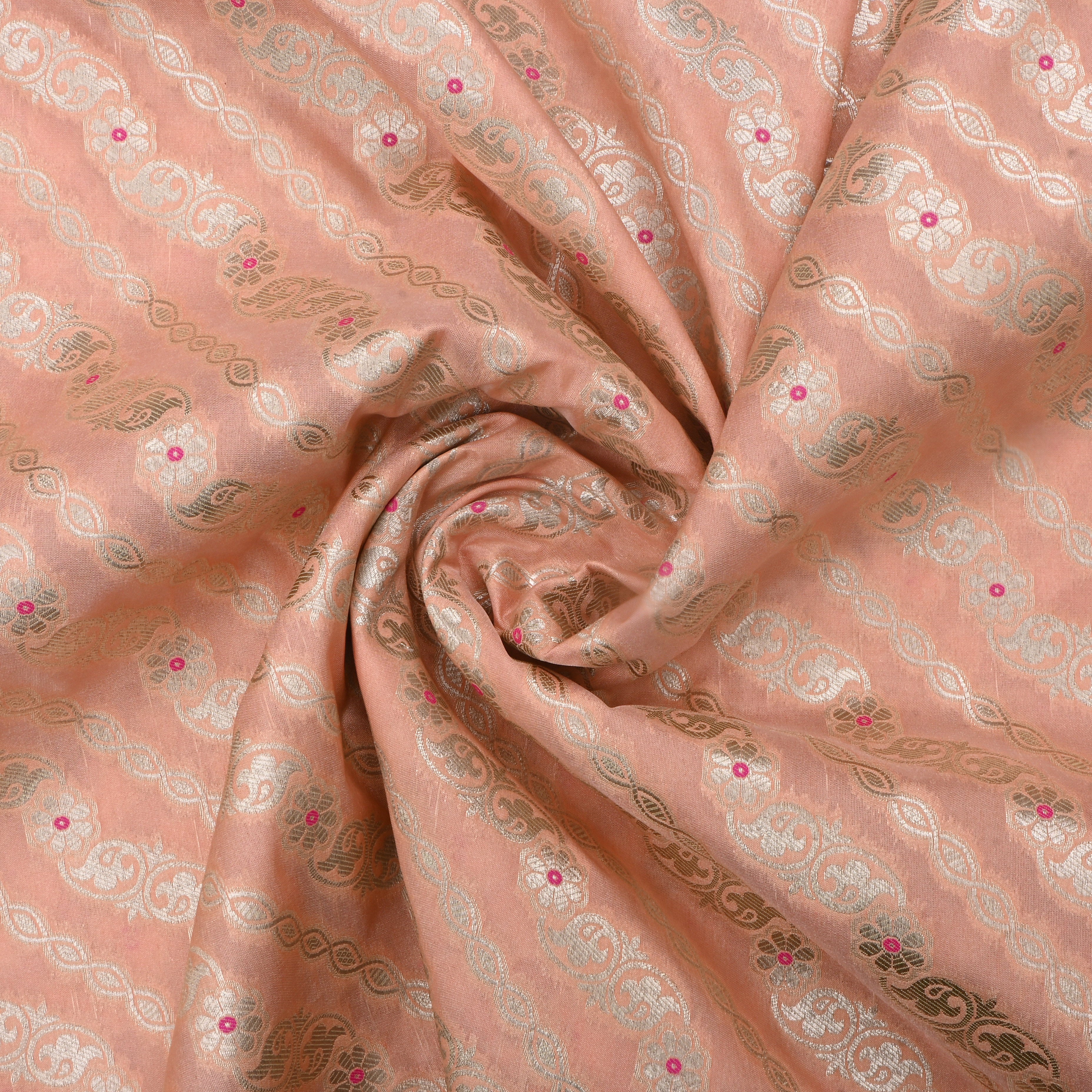 Peach Jamawar Silk Fabric With Leheriya Design