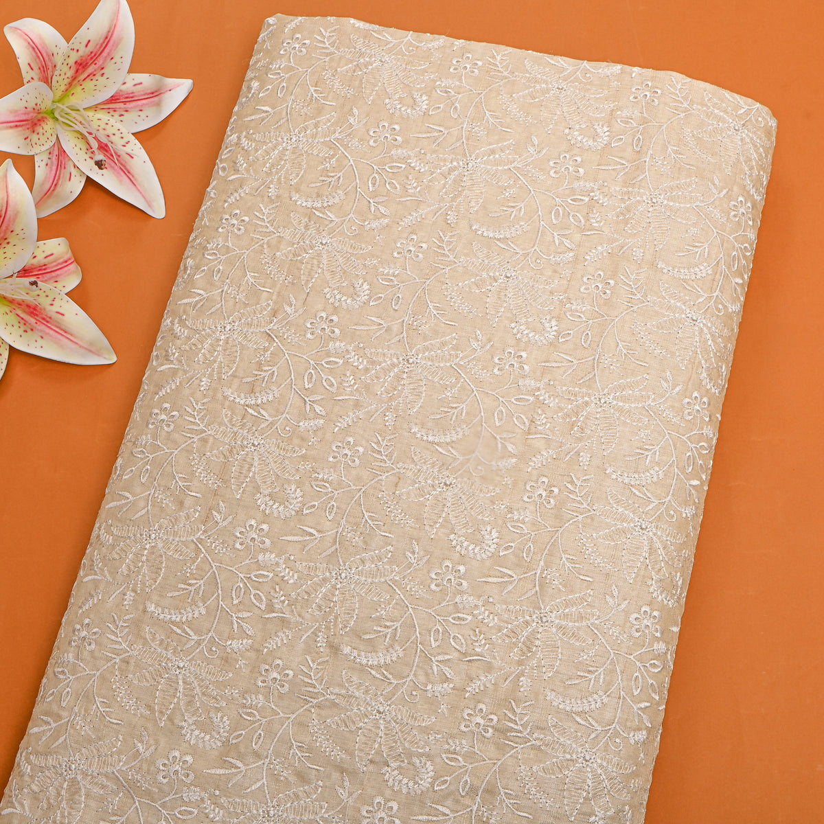 Frost White Thread Work Jaal Tissue Fabric