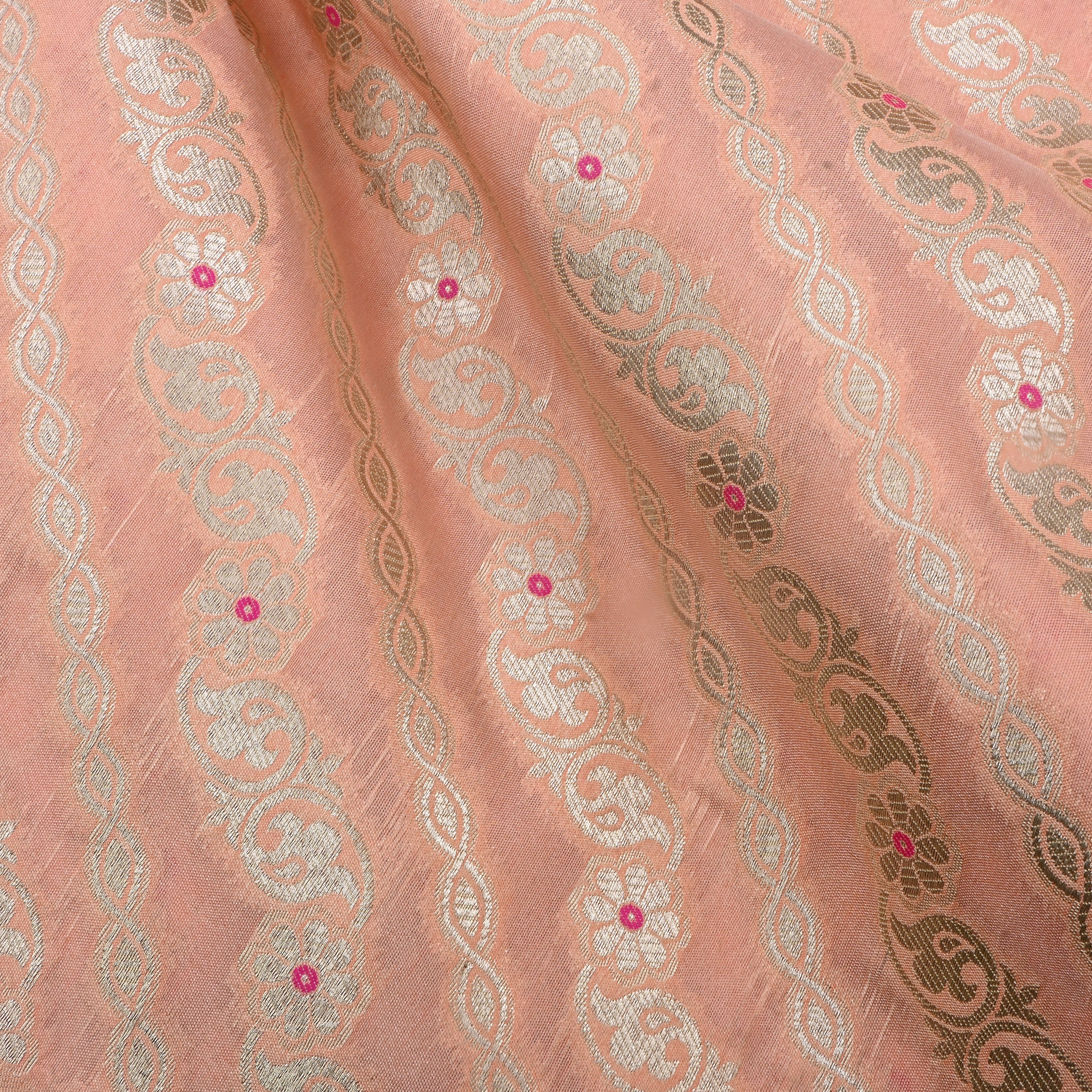 Peach Jamawar Silk Fabric With Leheriya Design