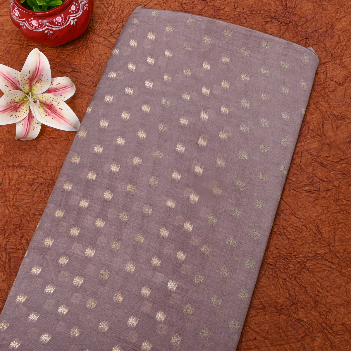 Mauve Gold Butti Self Weave Jamawar Silk Fabric
