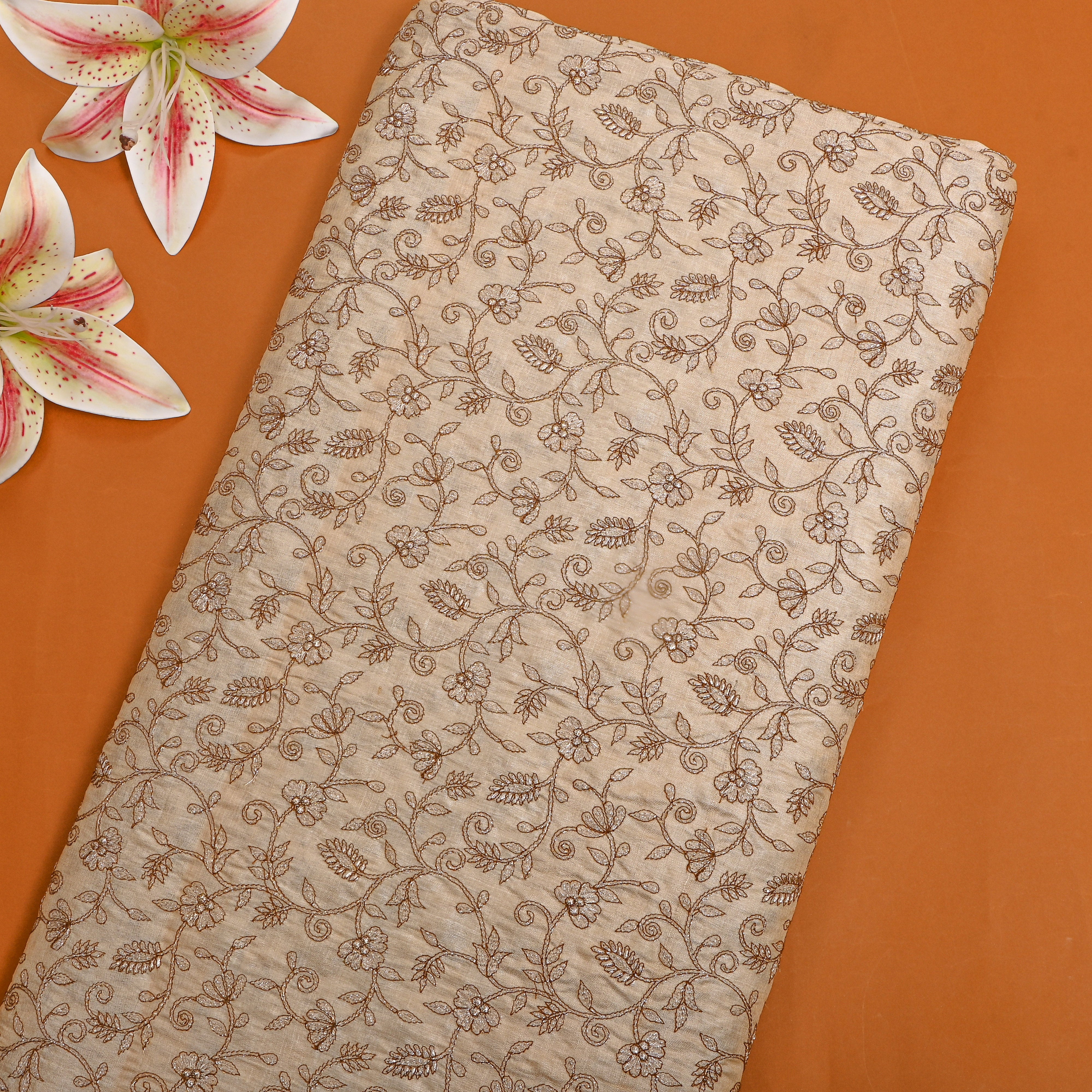 Beige Zari Jaal Embroidered Tussar Silk
