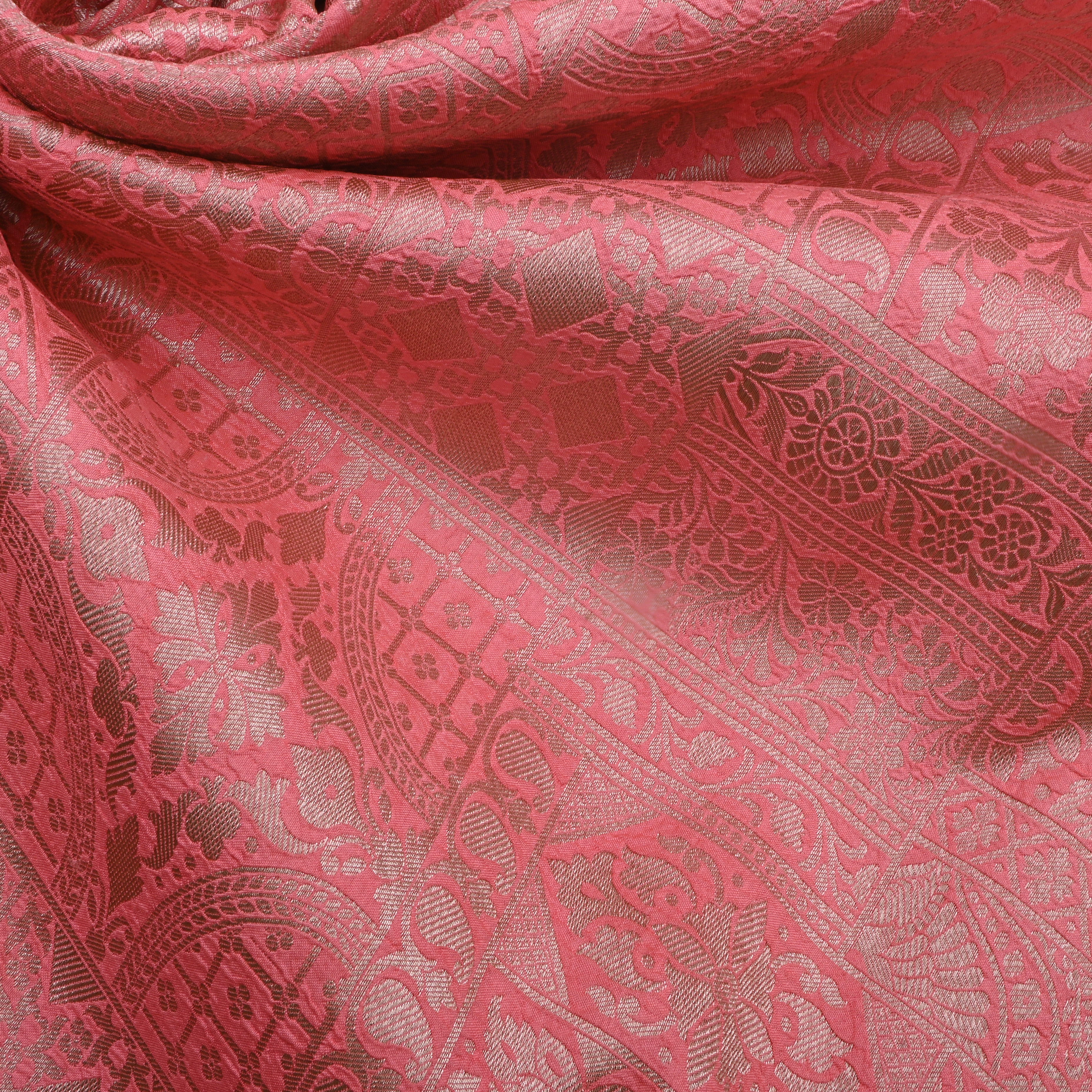 Light Carmine Pink Jamawar Silk Fabric With Woven Design
