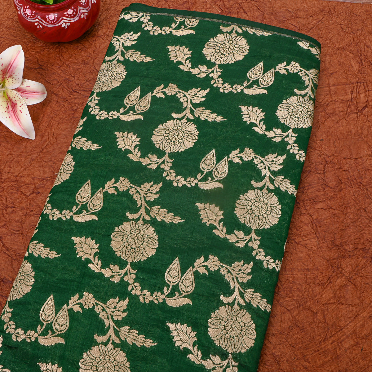 Green Gold Zari Floral Motif Banarasi Silk Fabric