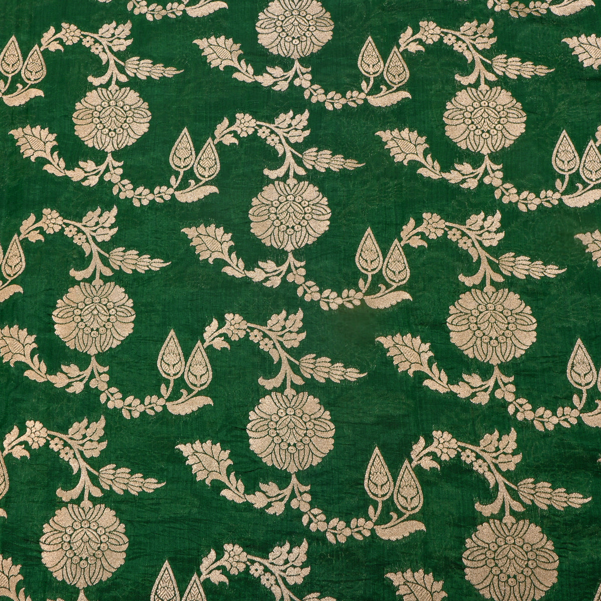 Green Gold Zari Floral Motif Banarasi Silk Fabric