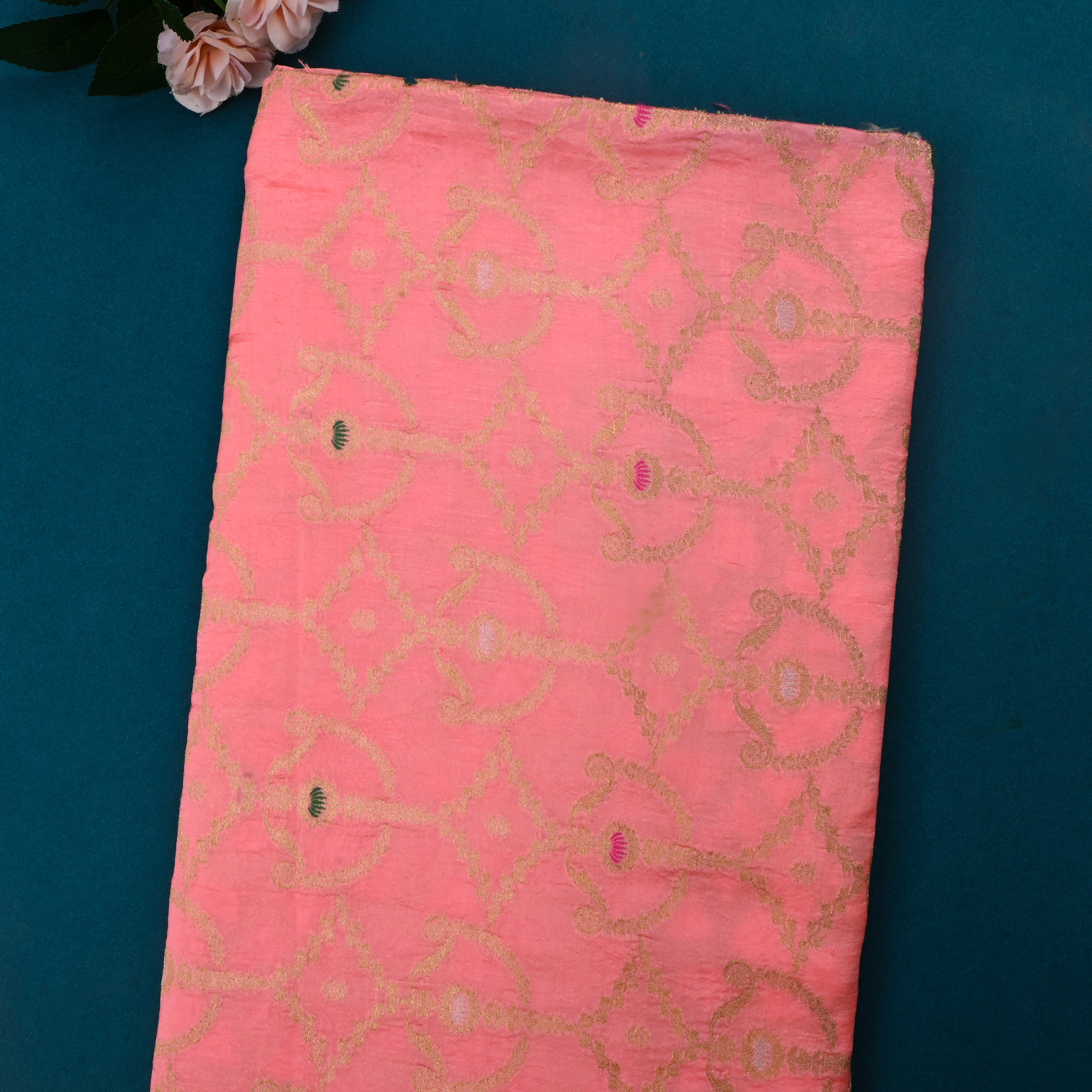 Light Coral Red Jamawar Silk Fabric With Meenakari Design